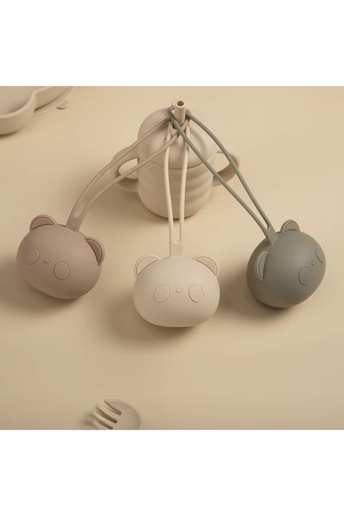 The Cloudish Shop Silikon Emzik Saklama Kutusu Emzik Tutucu Taşınabilir Askılı PANDA Desenli BEJ fotoğrafı 3 (önizleme)