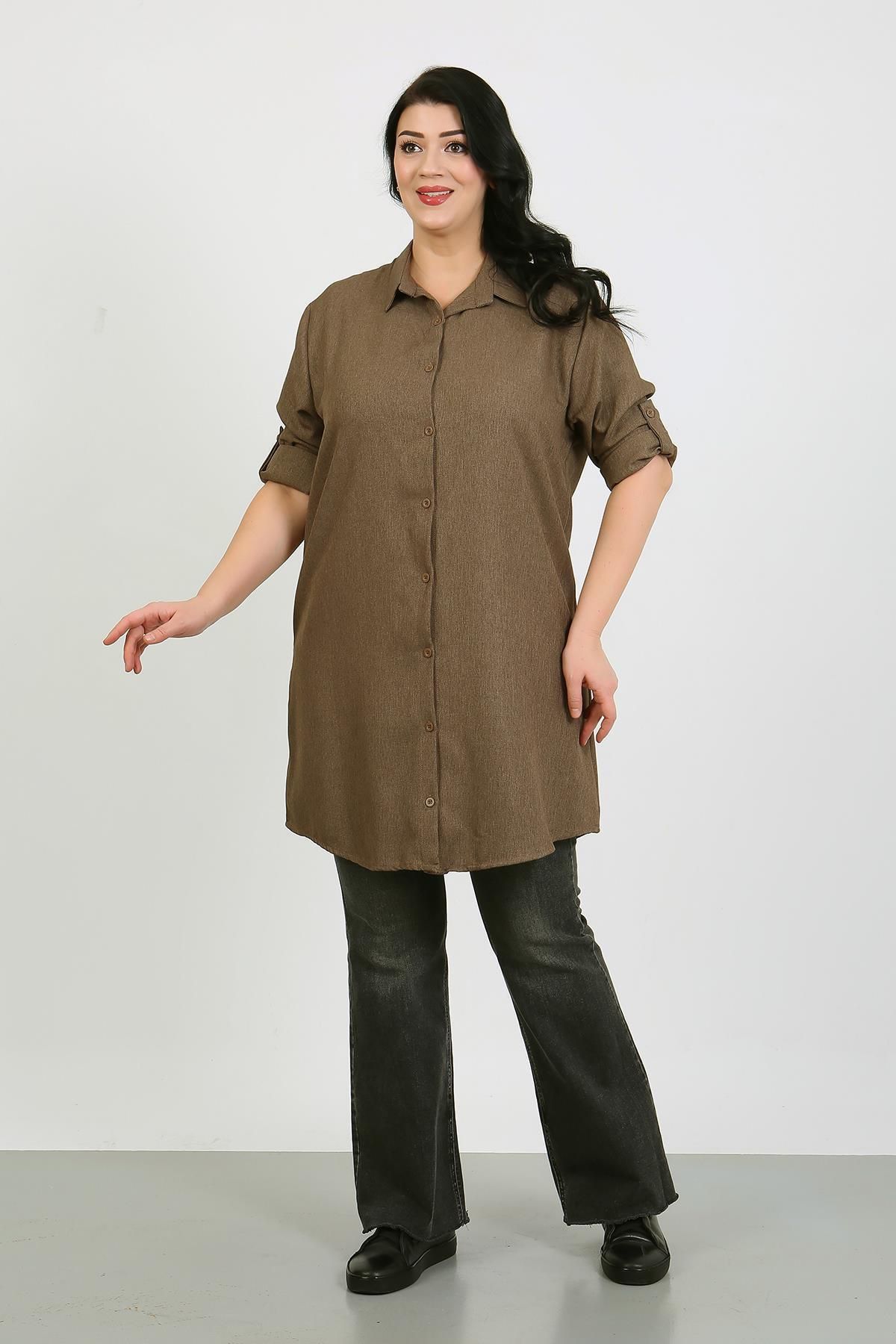 By Alba Collection-Women's Plain Tan Wool Viscose Plus Size Tunic 3