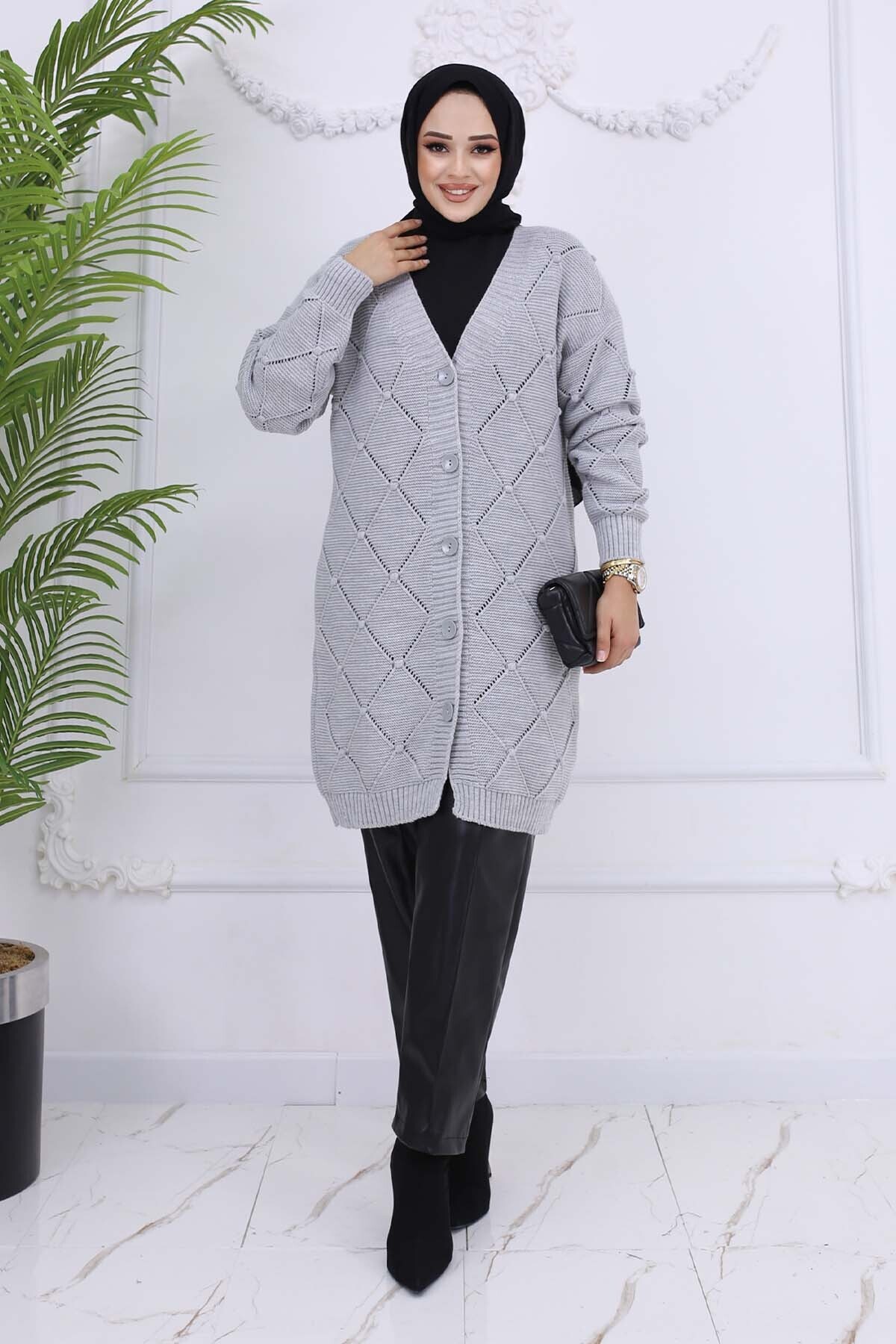benguen-Gray Diamond Patterned Cardigan - 409 5
