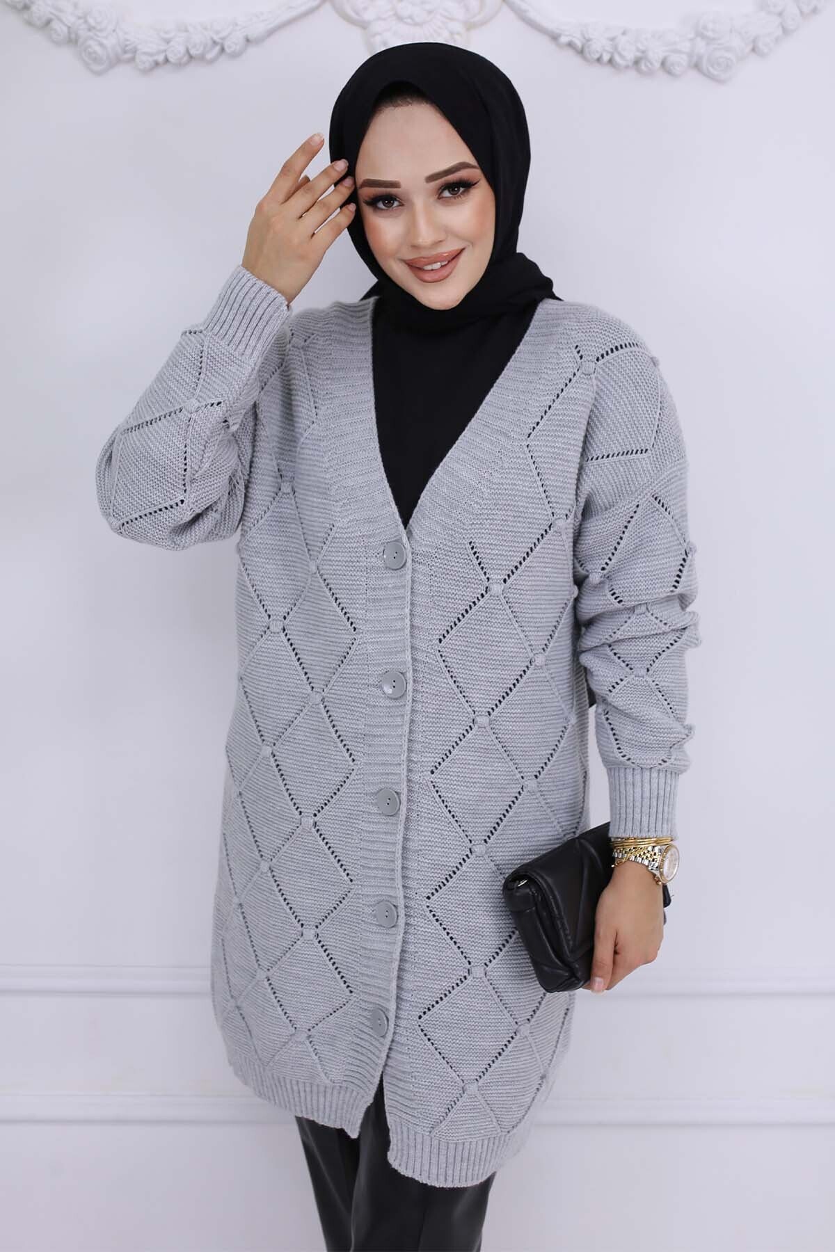 benguen-Gray Diamond Patterned Cardigan - 409 2