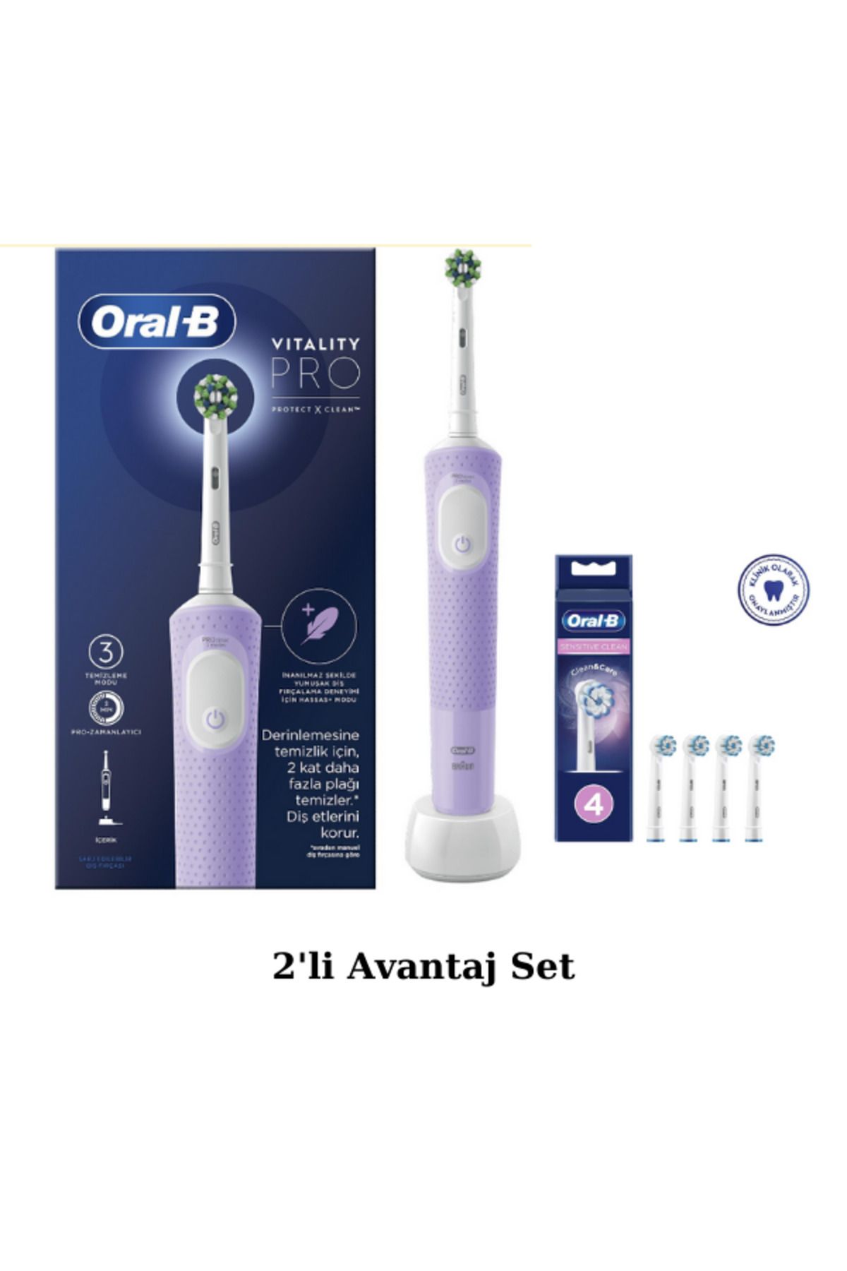 Oral-B D103 Vitality Pro Şarjlı Elektrikli Diş Fırçası, Lila - Sensitive Clean, Yumuşak 4'lü Yedek Başlık