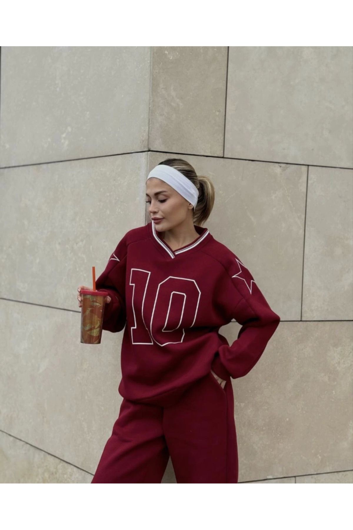Asap V Yaka Üç İplik Sweat Takım - Bordo