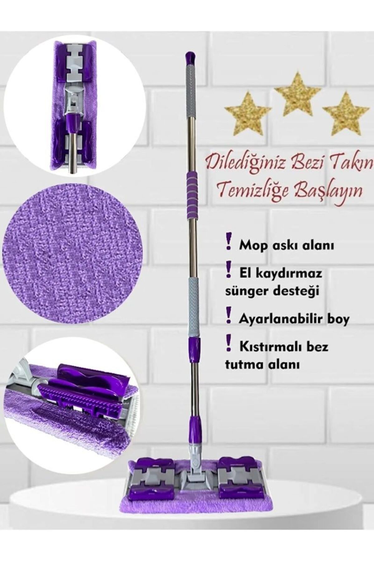 İstediğin Bezi Tak Kullan Mandallı Mop Teleskopik Saplı +1 Yedek Bez Hediyeli (yer Cam Temizliği)