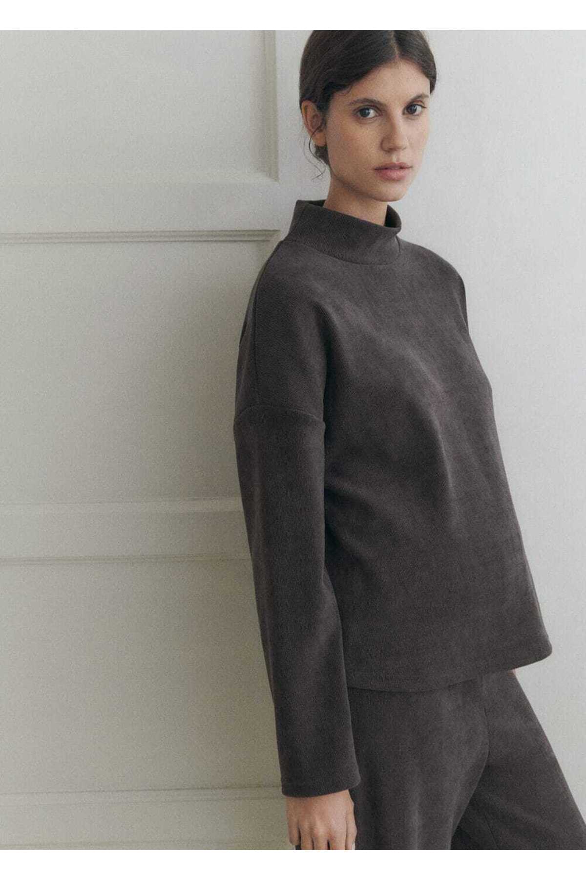 Fitilli kadife perkins yaka sweatshirt