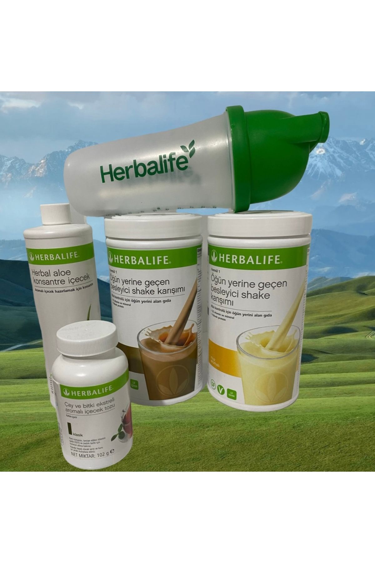 Herbalife 1 adet muzlu Shake 1 adet çıkolatalı Shake 1 adet aloe 1 adet 102 gr çay 1 adet shaker