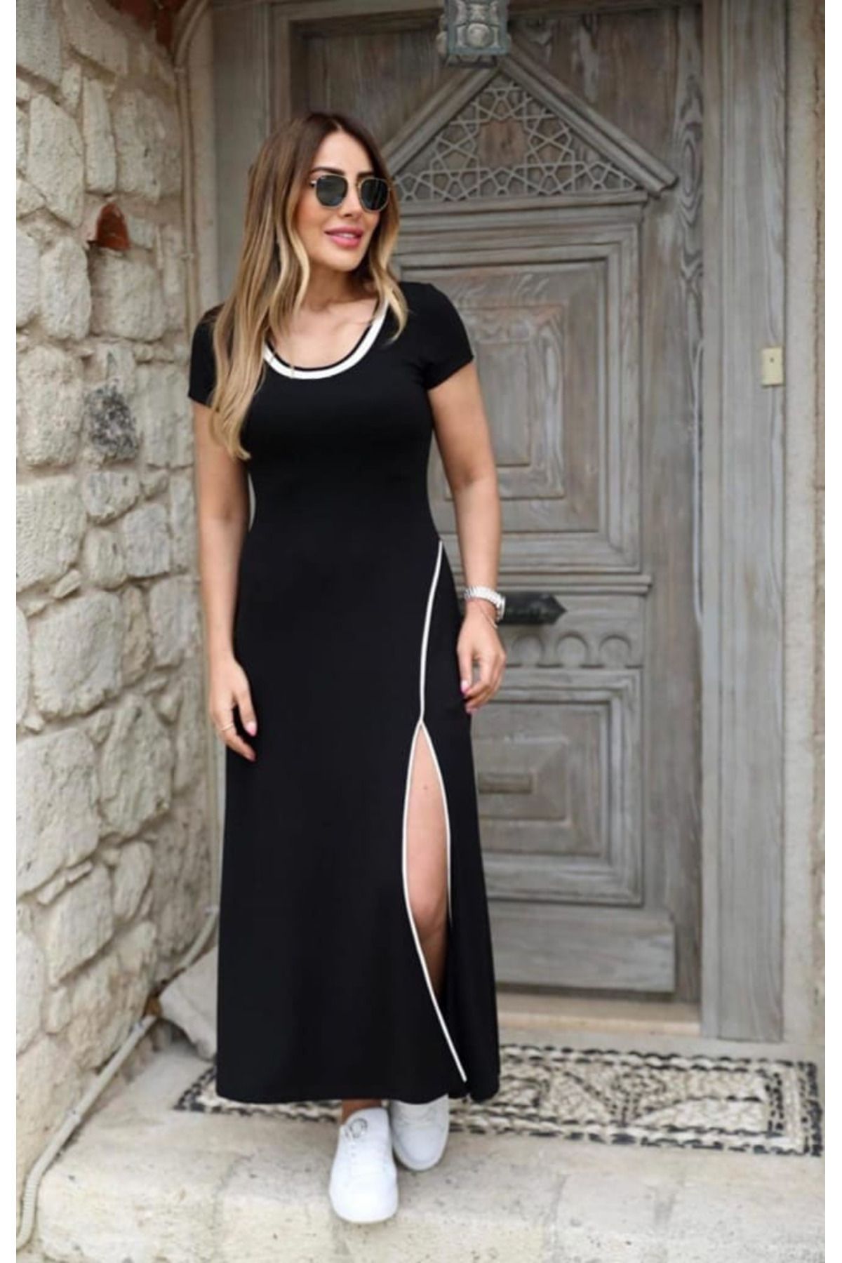 MRA Fashion Kadın Yuvarlak Ribana Yaka Beyaz Yırtmaç Detaylı Viskon Tam Boy Elbise