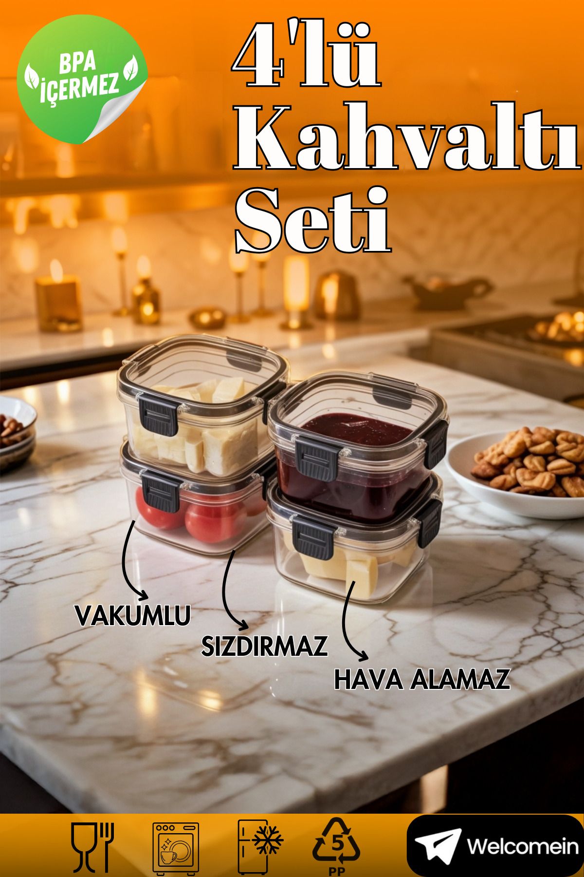 welcomein 4'lü Vakumlu Kapak Hava Almaz Sızdırmaz 300 ml. Lüks Kahvaltılık Saklama Seti- 4 Adet