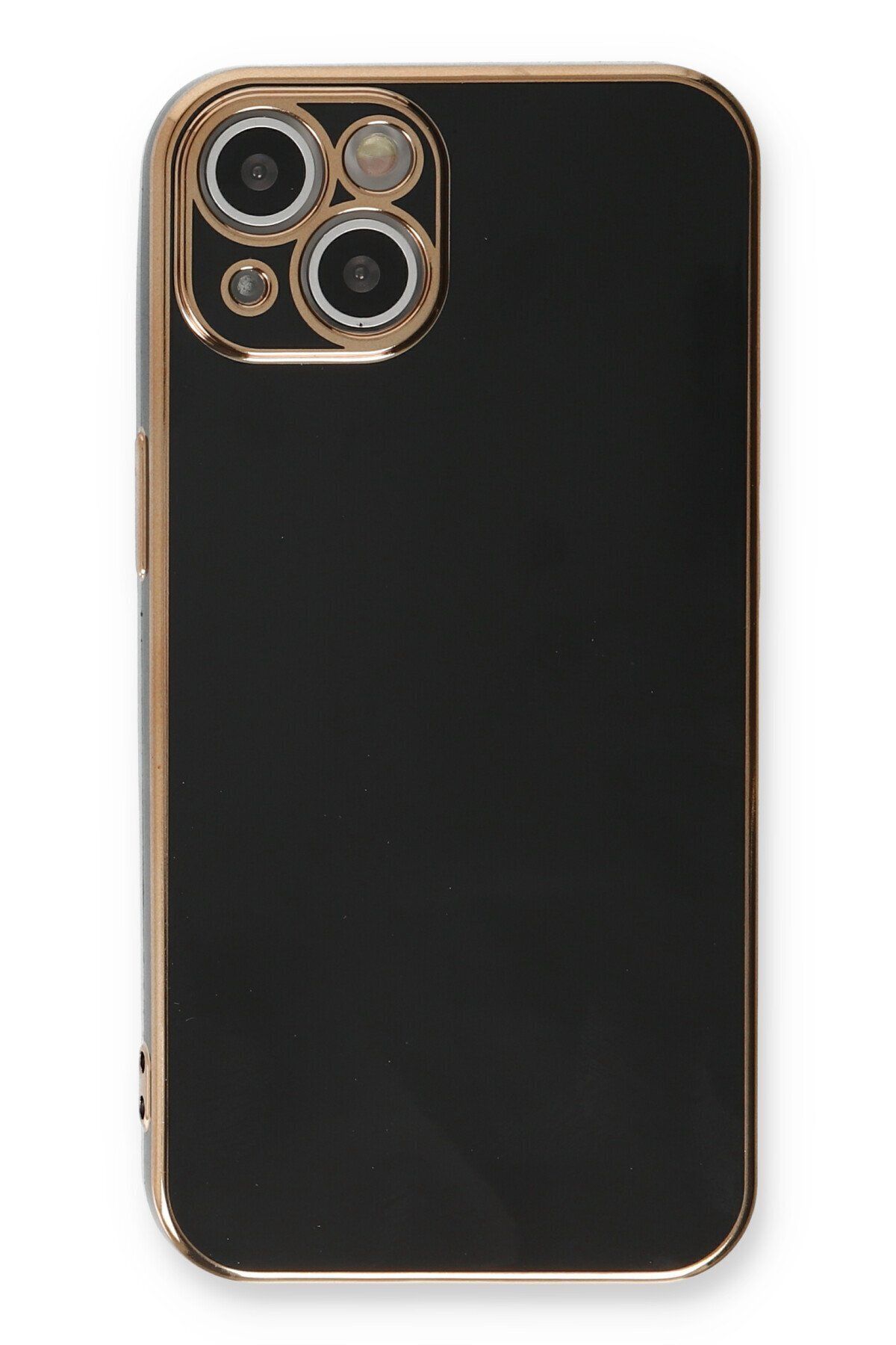cepmoda iPhone 14 PLUS - Gold Çizgili Renkli Shiny Silikon Kılıf / Kapak - SİYAH