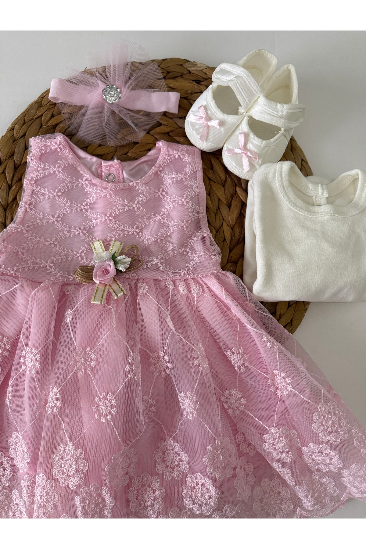 PİLEKİ BABY Kız Bebek 4 Parça Yenidoğan 0 4 Ay Gelinlik Prenses Elbise Mevlütlük Set Dantel fotoğrafı 2 (önizleme)