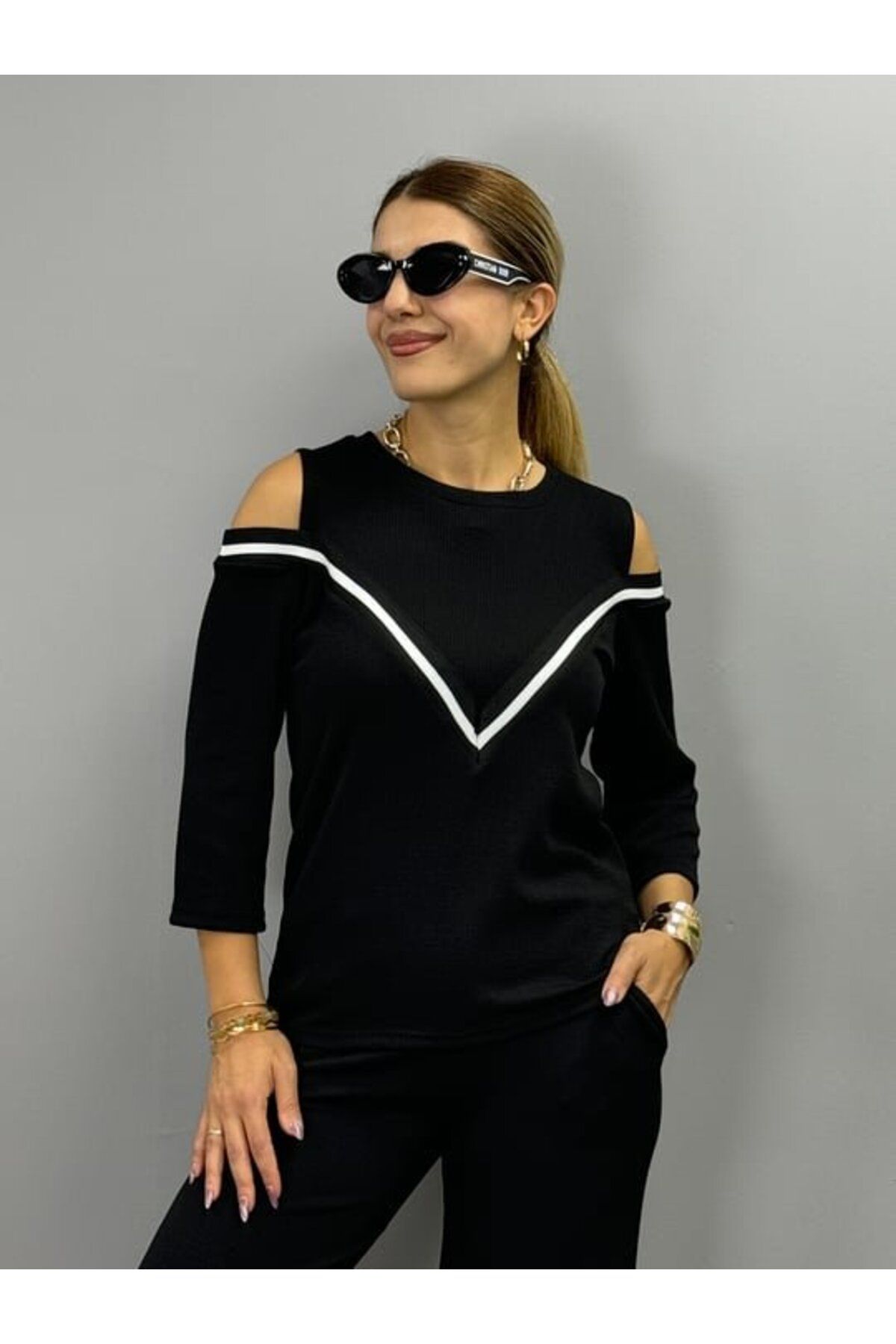 fh fashionhere Kadın Ithal Burgu Kumaş Uzun Kollu Omuz Dekolteli Bluz Ve Pantolon Ikili Takım