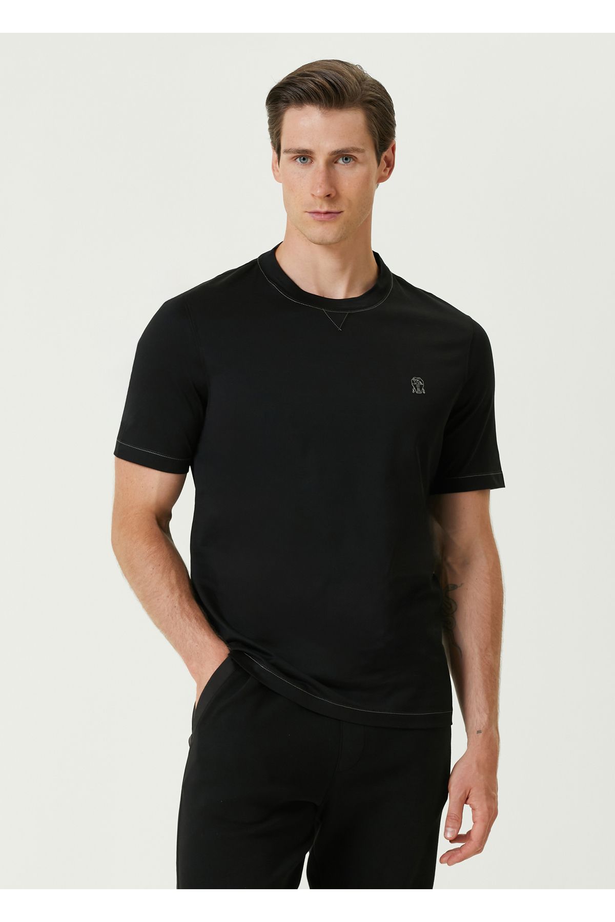 Brunello Cucinelli-Black Logo Embroidered T-Shirt Size: XL 1