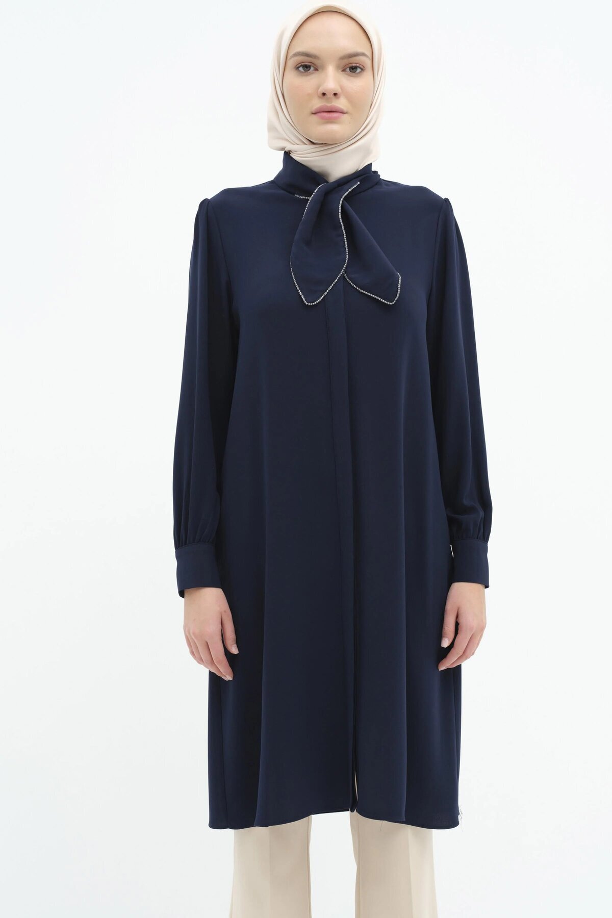 Tuğba-Navy Blue Tunic - Scarf Collar and Stone Detail 1
