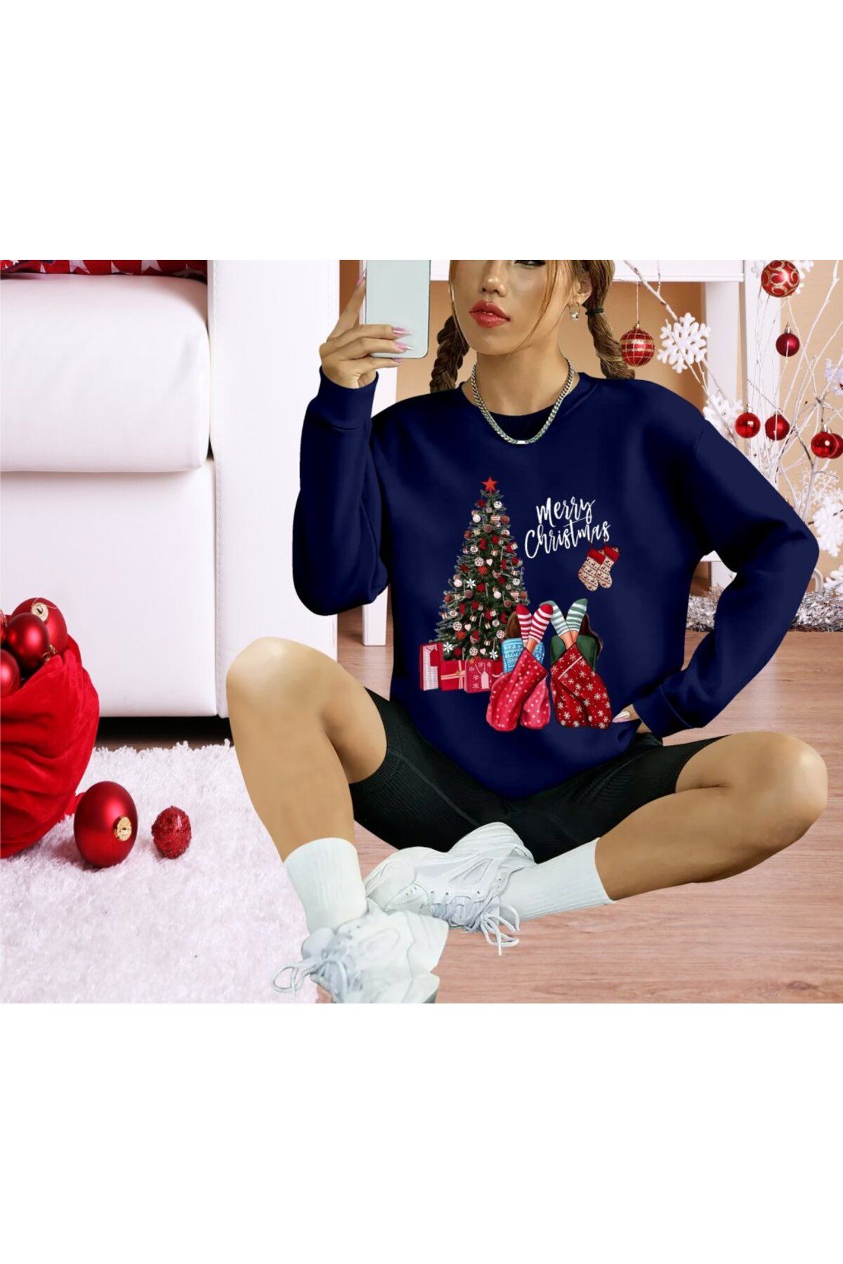 velmorafashion Kadın Yılbaşı Özel Uzun Kollu Bisiklet Yaka Viskon Iki Iplik Bluz