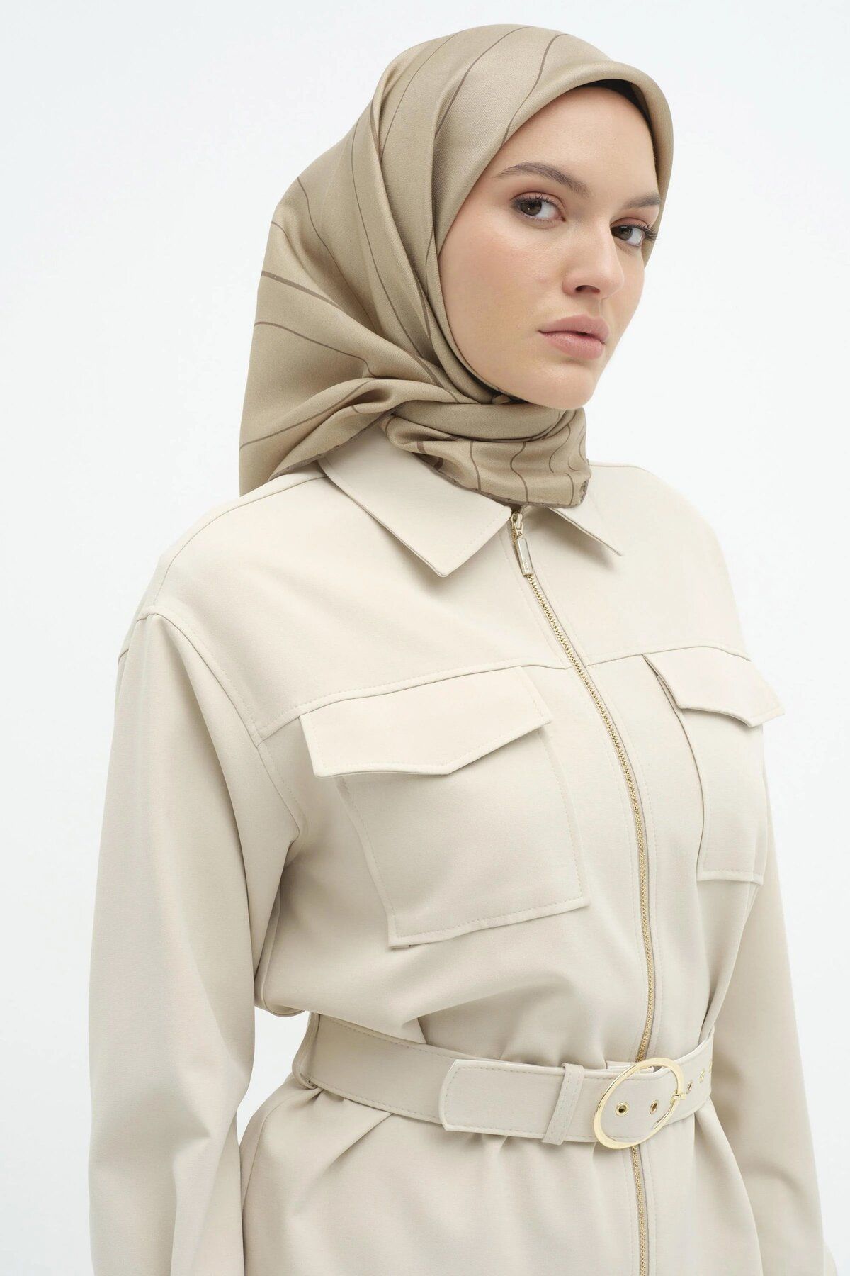 Tuğba-Stone Color Zippered Belted Jacket 3