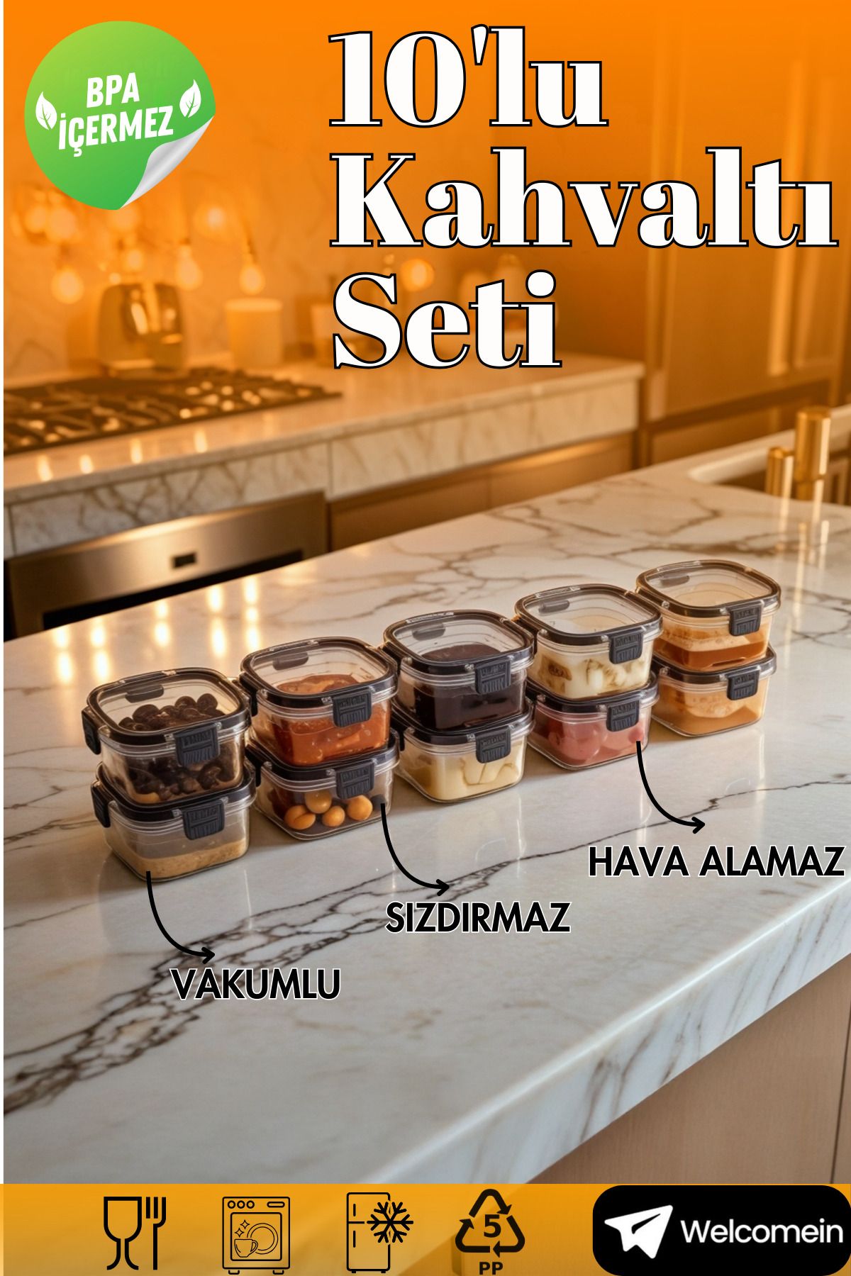 welcomein 10'lu Vakumlu Kapak Hava Almaz Sızdırmaz 300 ml. Lüks Kahvaltılık Saklama Seti- 10 Adet