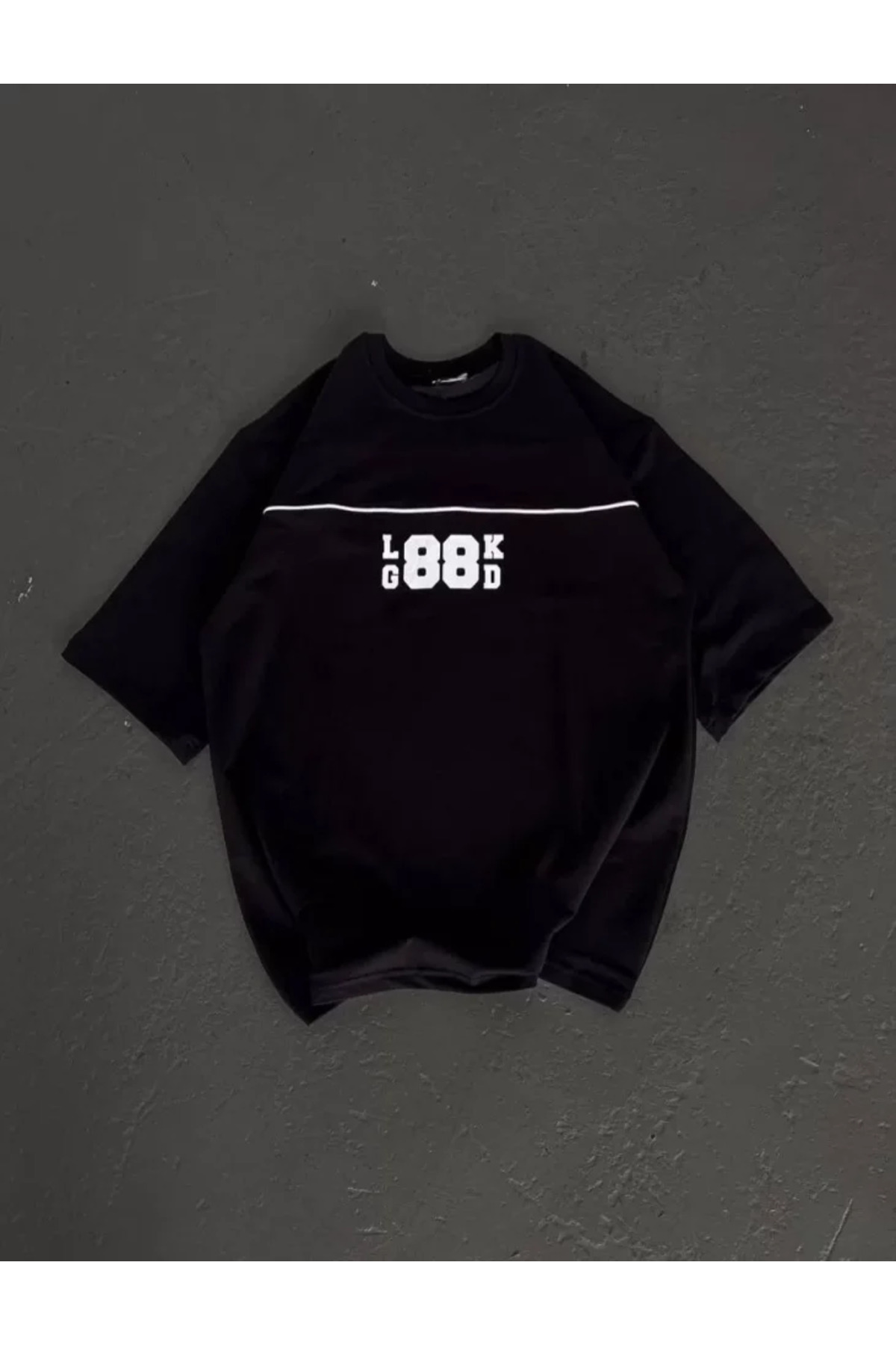 Unisex Bisiklet Yaka Baskılı Oversize T-Shirt - Siyah