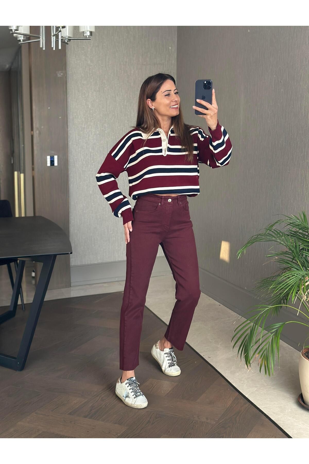 Forlady Butik Bordo Marka Model Kesik Paça Boy Fit Kadın Jean Pantolon