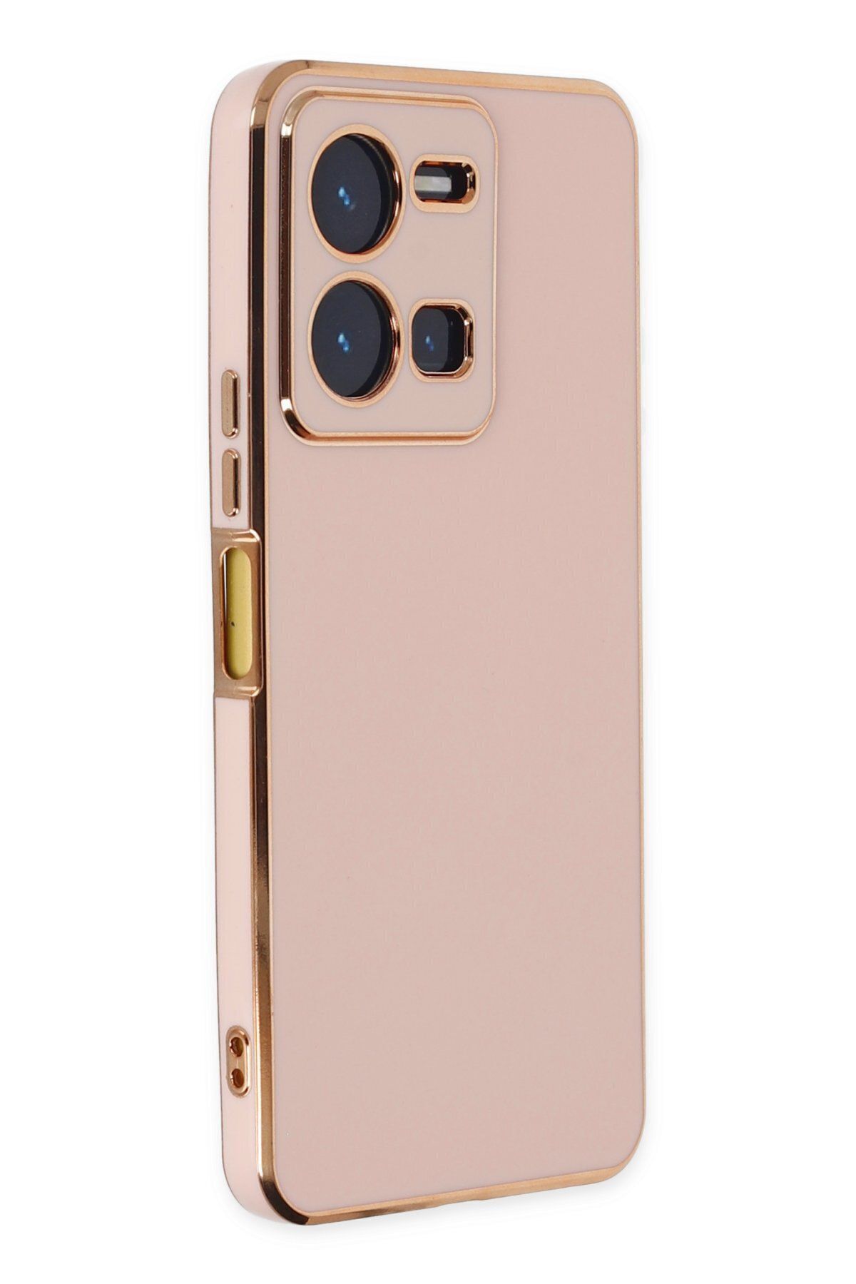 cepmoda Vivo Y22S - Gold Çizgili Renkli Shiny Silikon Kılıf / Kapak - PEMBE
