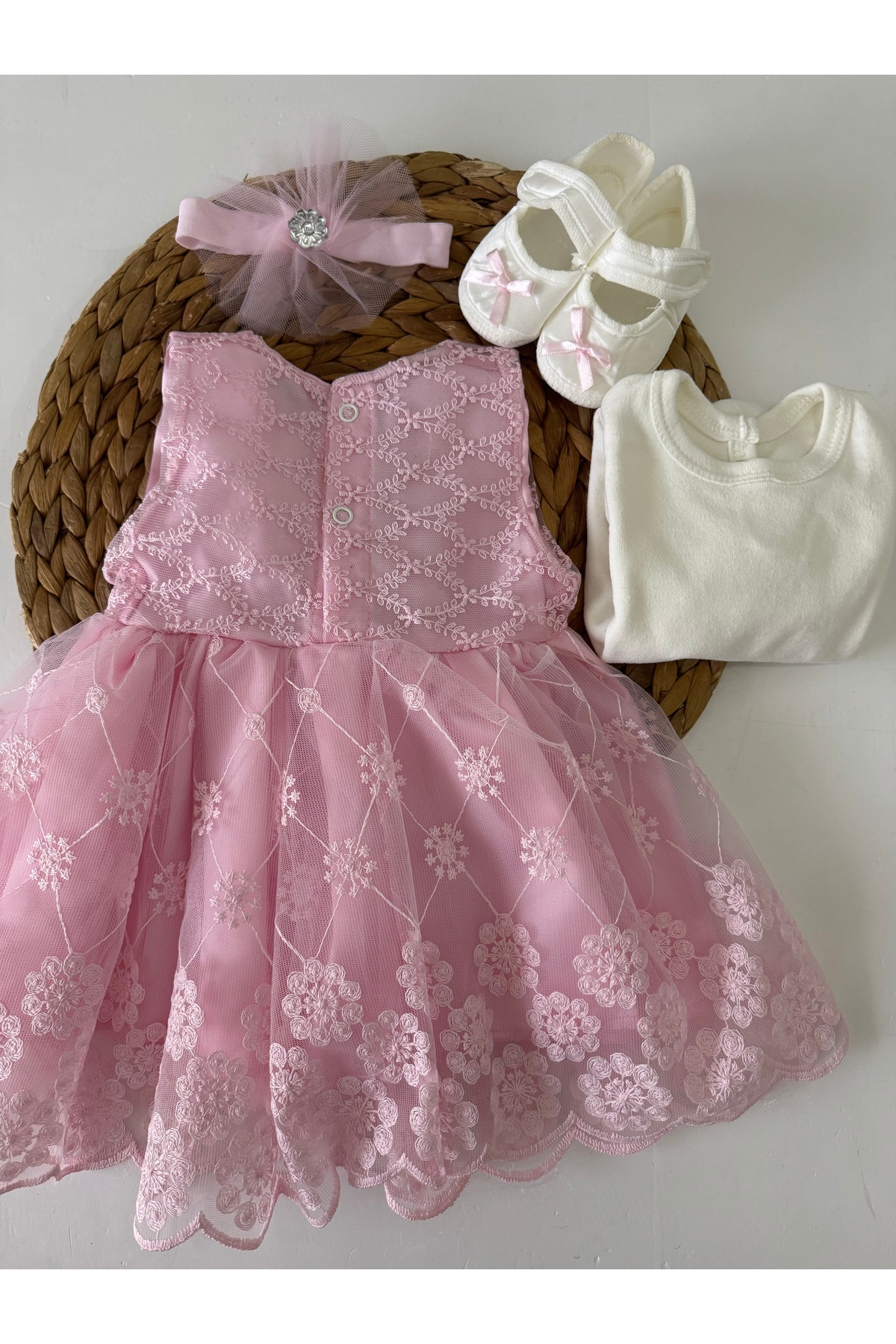 PİLEKİ BABY Kız Bebek 4 Parça Yenidoğan 0 4 Ay Gelinlik Prenses Elbise Mevlütlük Set Dantel fotoğrafı 4 (önizleme)