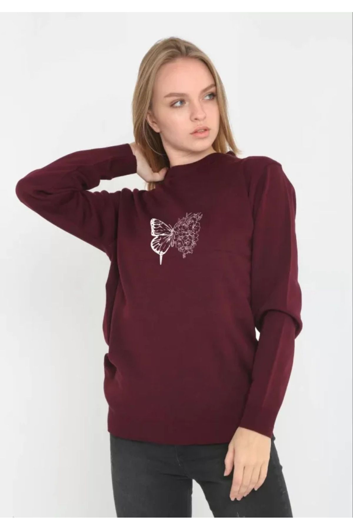 Meloria Boutique Unisex Bisiklet Yaka Baskılı Dokuma Triko - Bordo