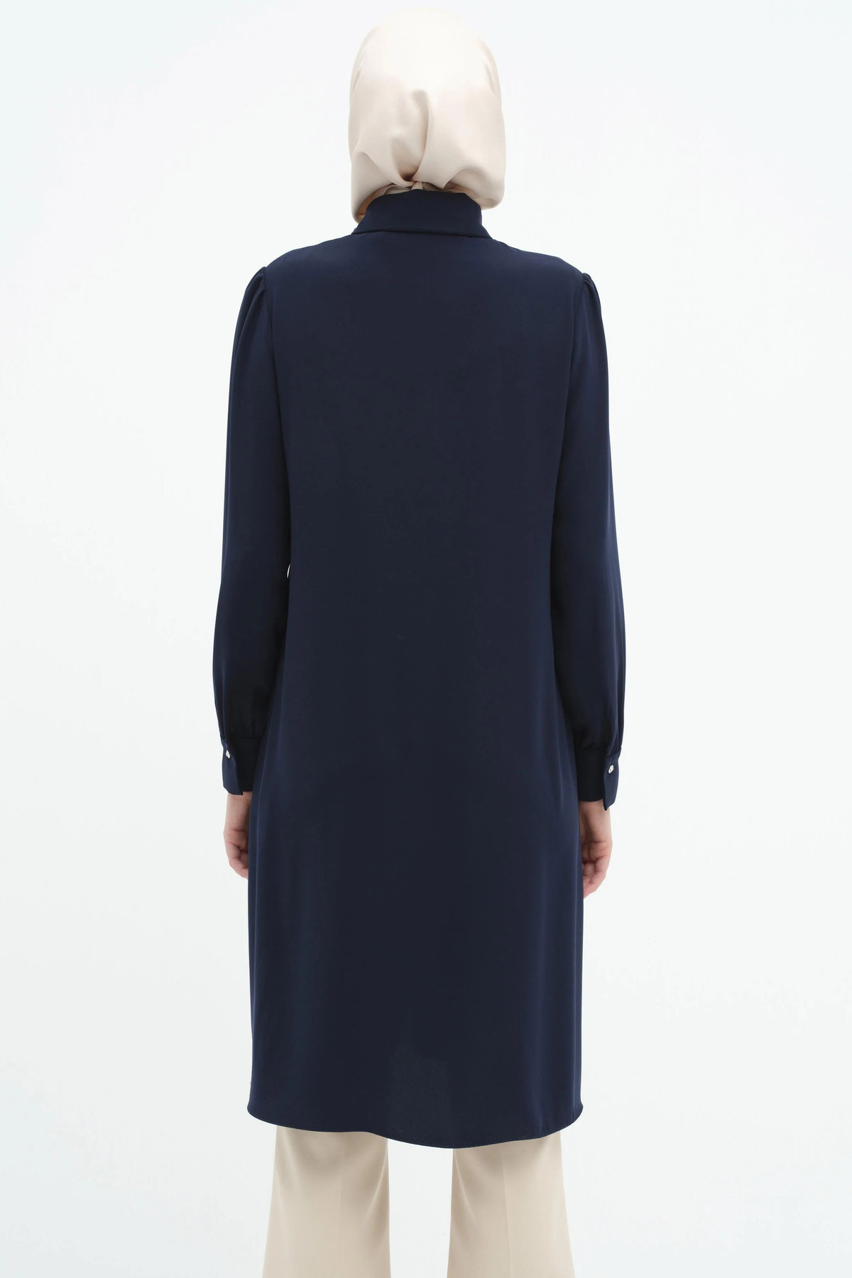 Tuğba-Navy Blue Tunic - Scarf Collar and Stone Detail 4