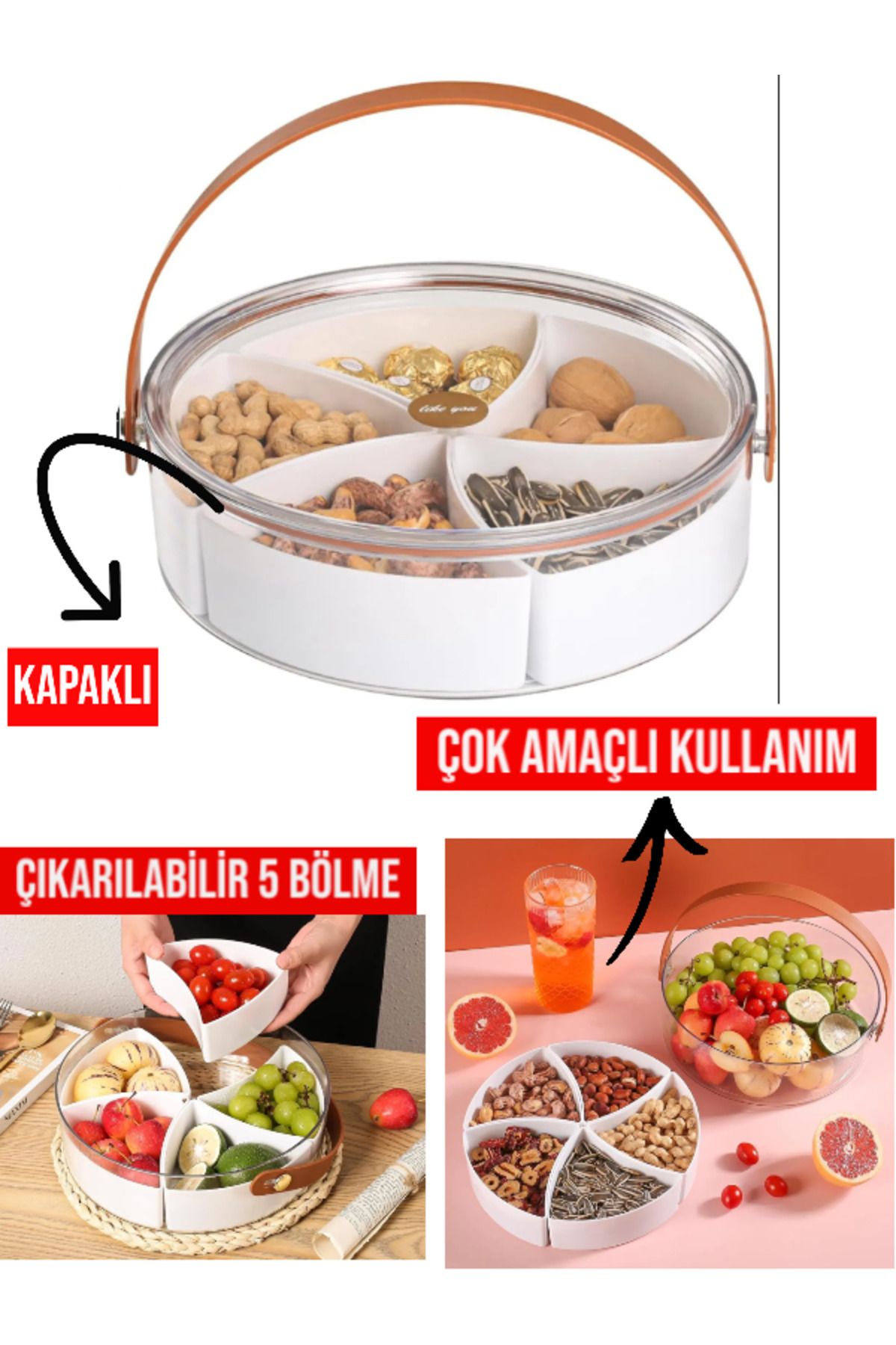 CocoVia Dekoratif Çok Amaçlı 5 Bölmeli Çıkabilen Saklama Sunum Organizer/Buz kovası/Meyve Sepeti/Çerezlik