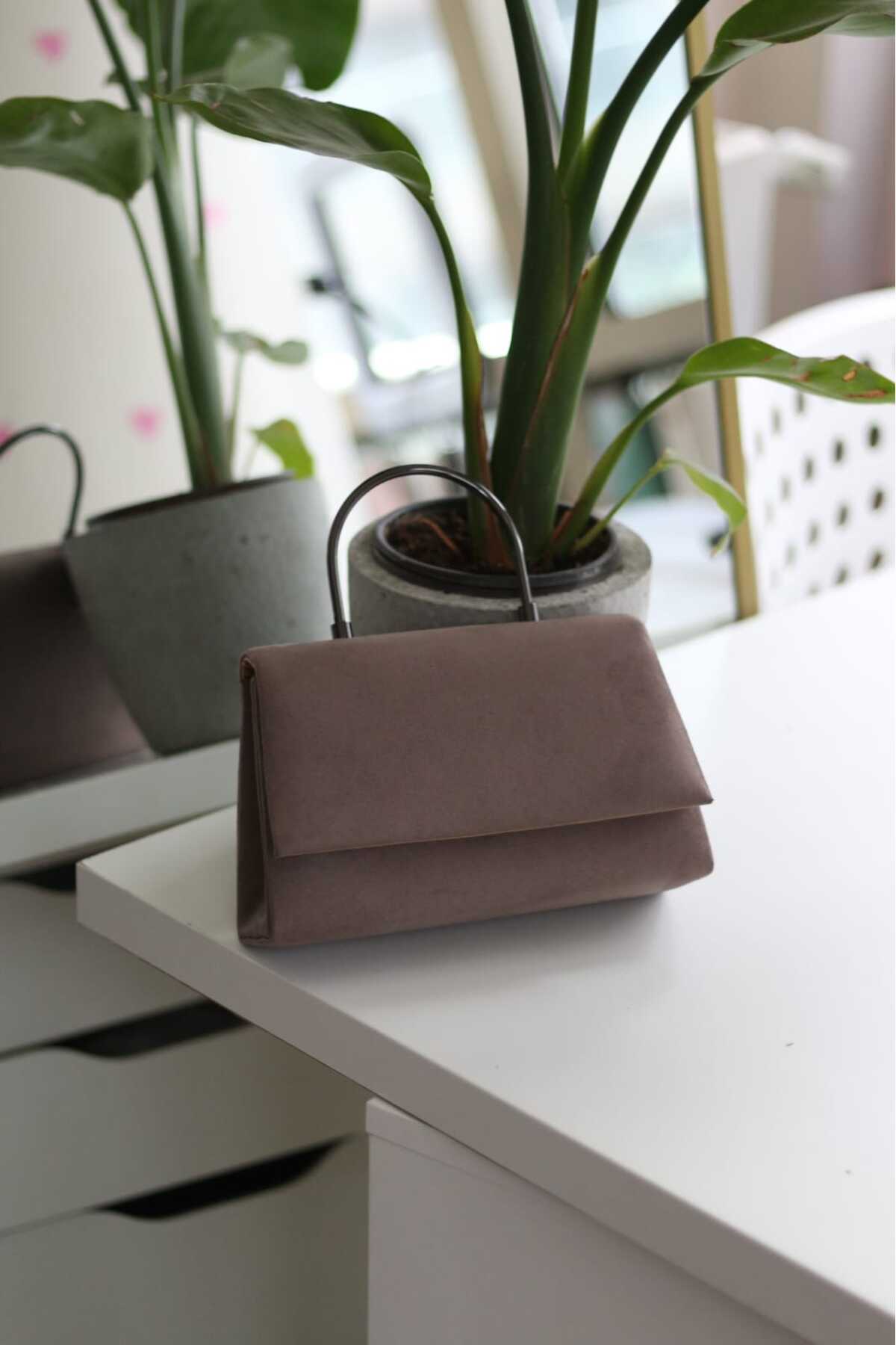 Women's Mink Suede Hand & Shoulder Bag with Metal Handle Detail
