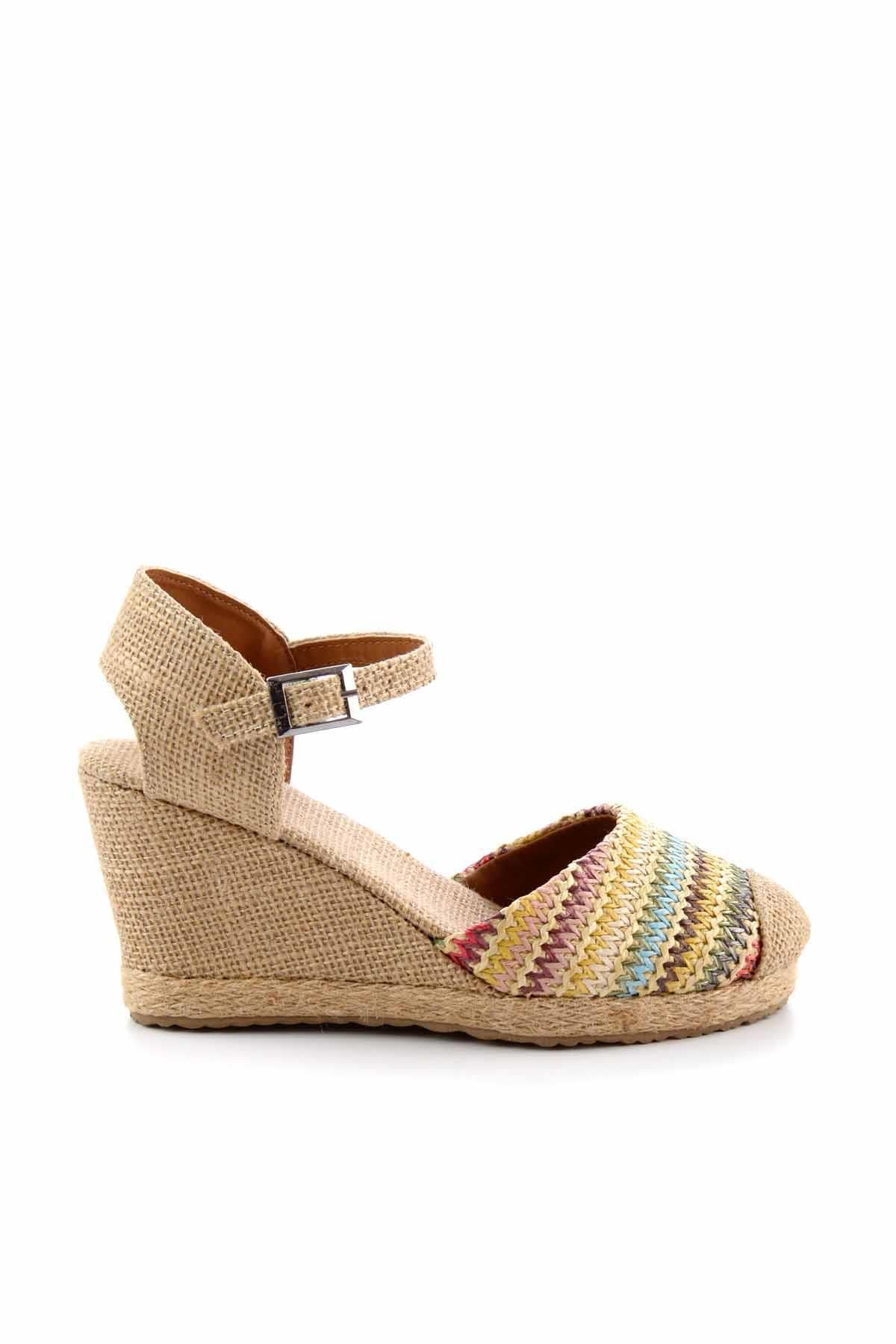 Bambi-Multicolored Linen Women's Wedge Heeled Shoes K01874112018 2