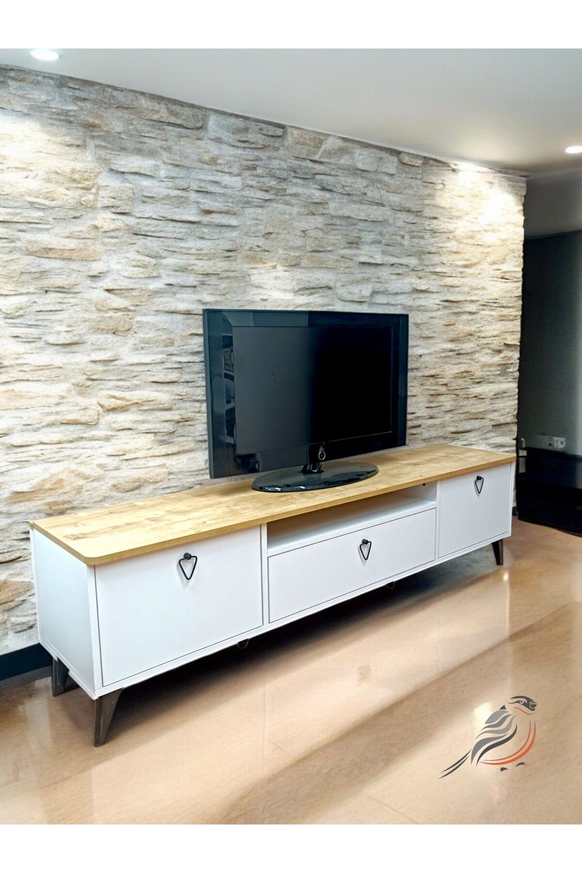 Ünite Modern Ayaklı Çekmeceli TV Sehpa & Ünitesi 180CM Safir Meşe - Beyaz