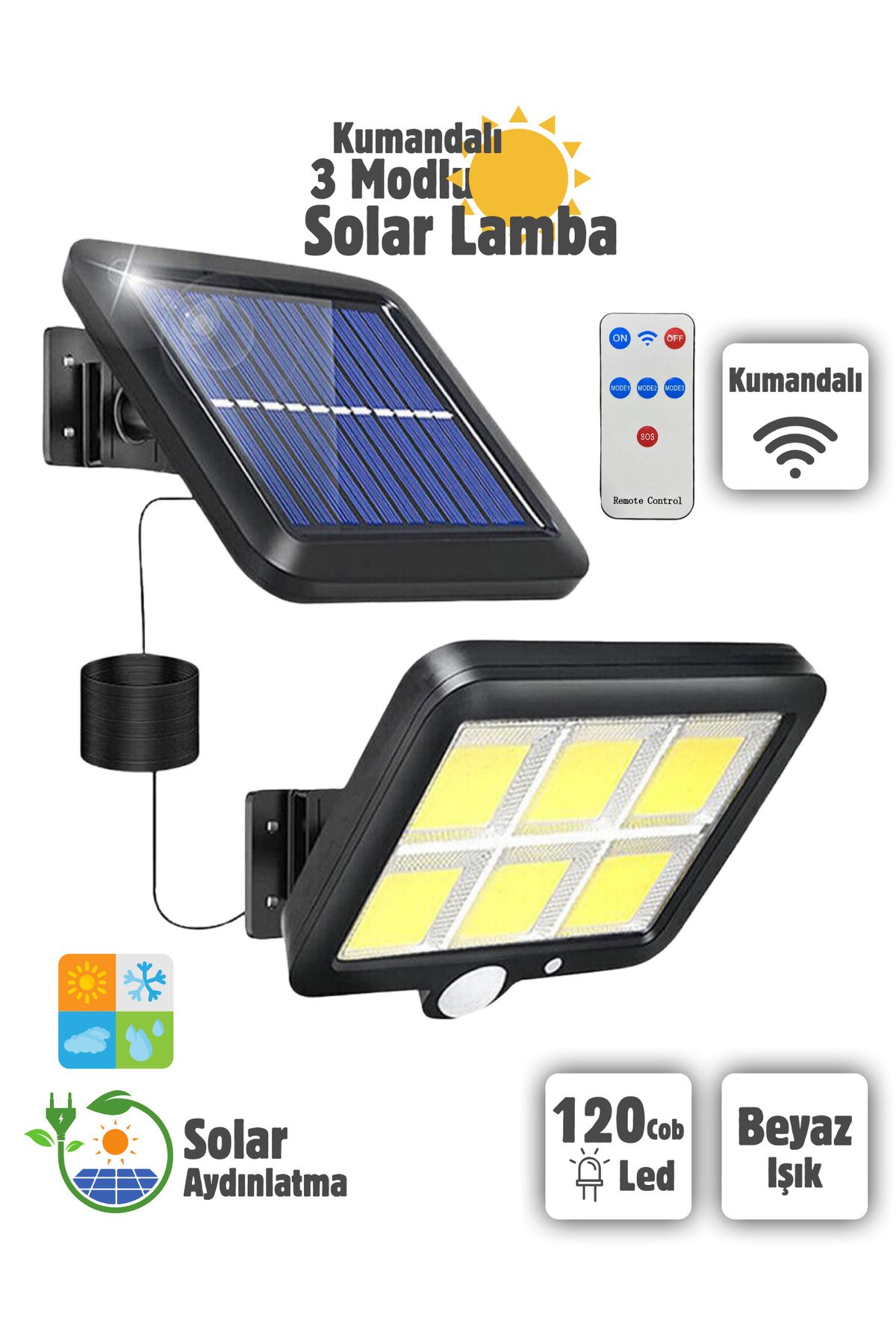 Unichrome 3 Modlu 120 Cob Led Kumandalı Solar Panel Güneş Enerjili Duvar Lambası Bahçe Lambası