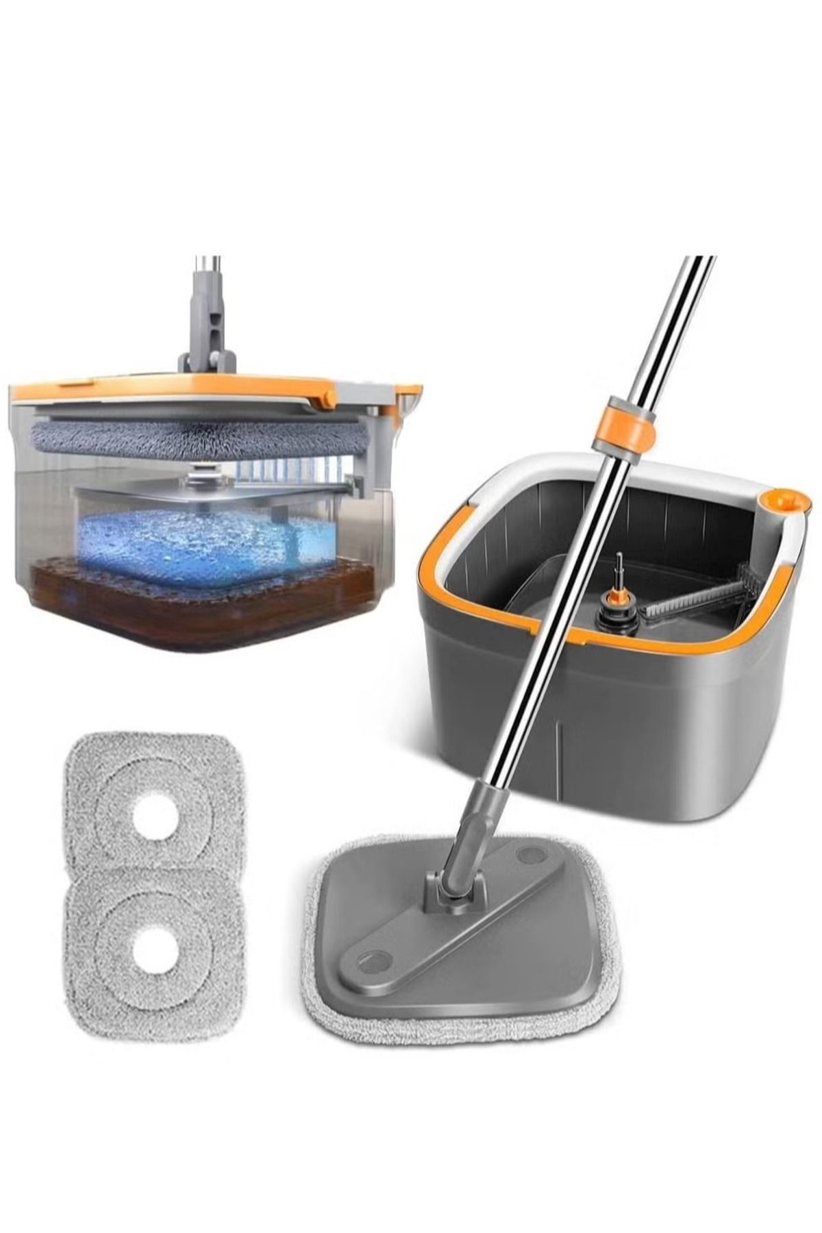 Denx-Rotary Squeeze Mop and Bucket Microfiber Mop Pads Hand Free Wringing Floor Clean Mop with 2 Pads 1