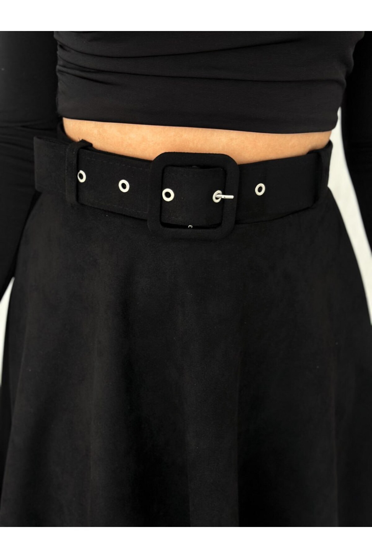 Ozy Fashion  Kadın Siyah Renk Midi Boy Kemerli Süet Kloş Etek - Görsel 8