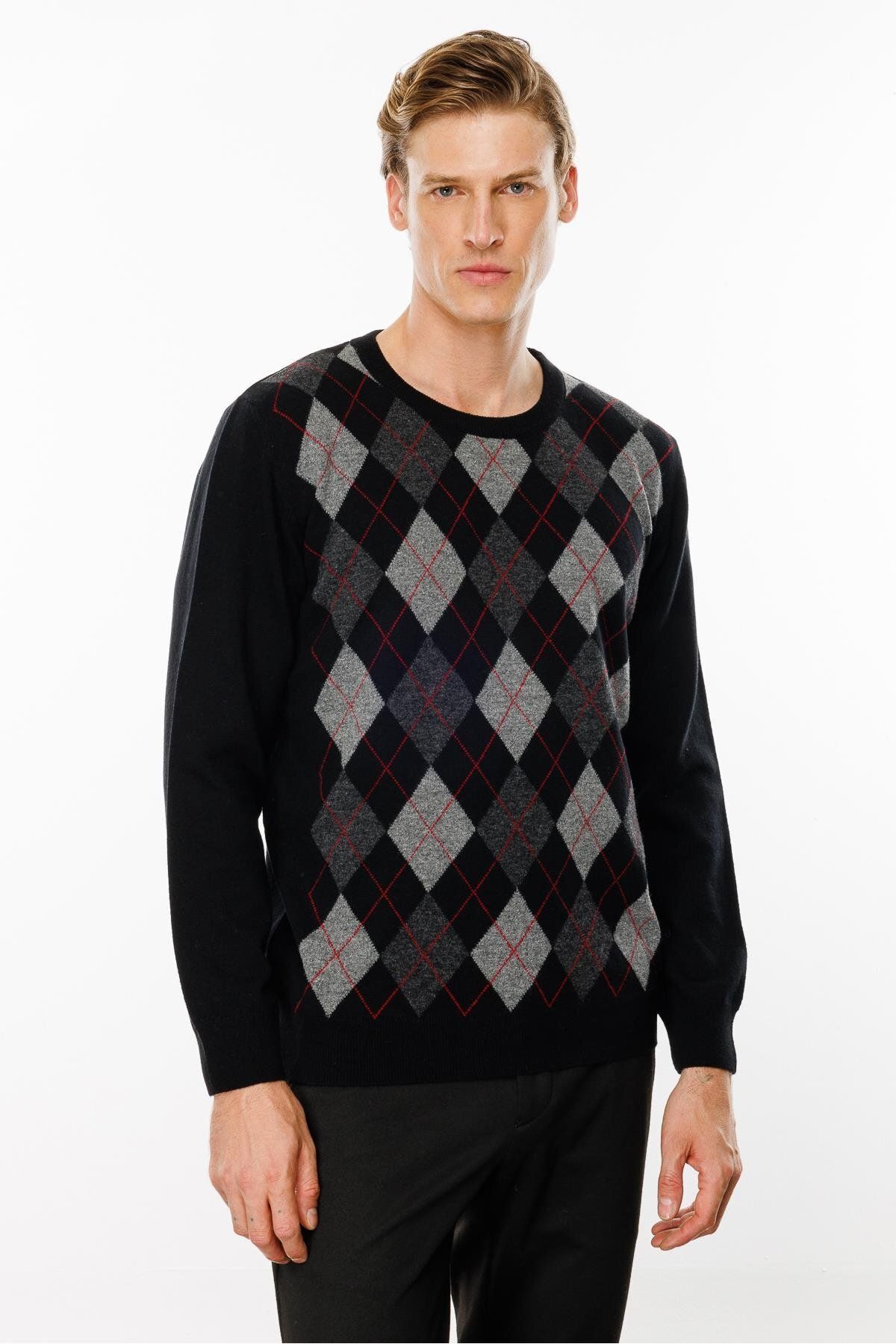 Desen Triko-Black Men's Sweater - Null Collar, Diamond Pattern 5