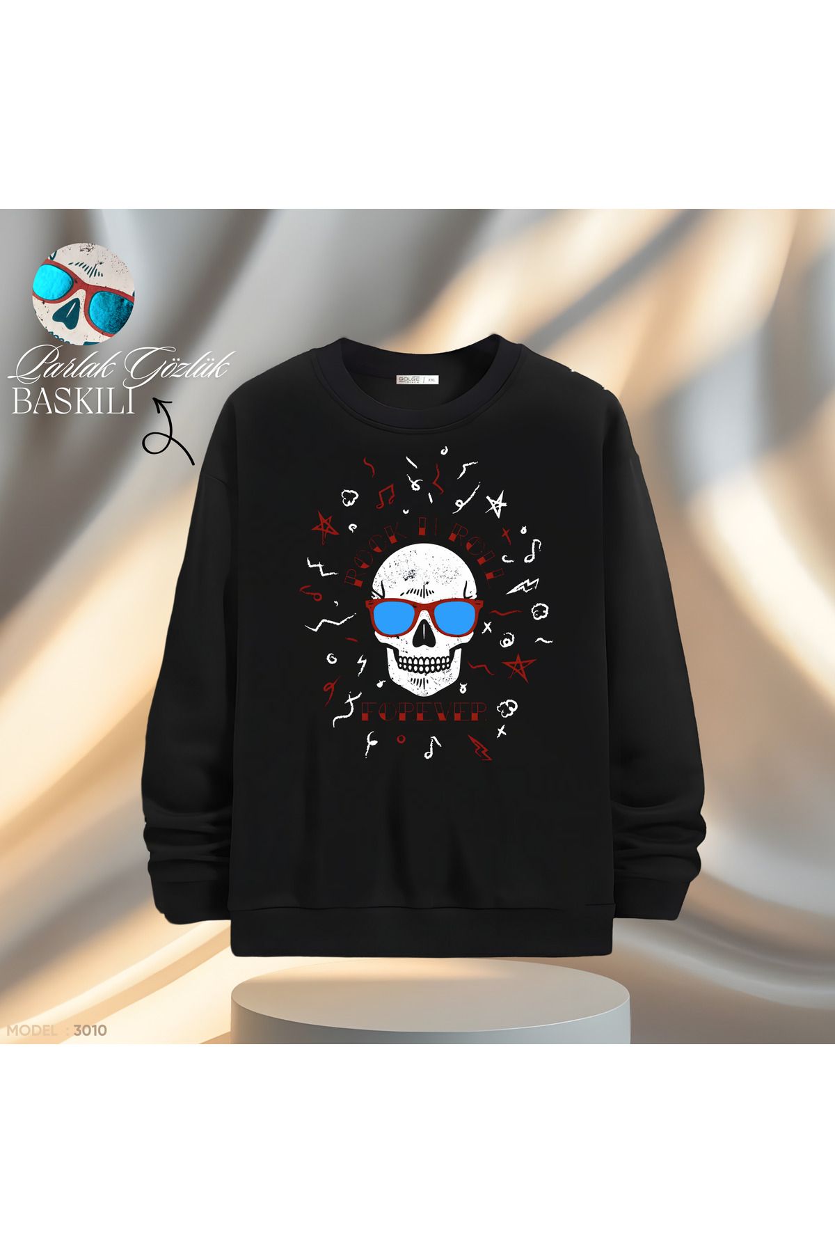 Gölge Store Design Special Rock 'n Roll Cu Ochelari Strălucitori | Hanorac Slimfit Pentru Bărbați Și Femei Cu Gât Crew Unisex - 4XL