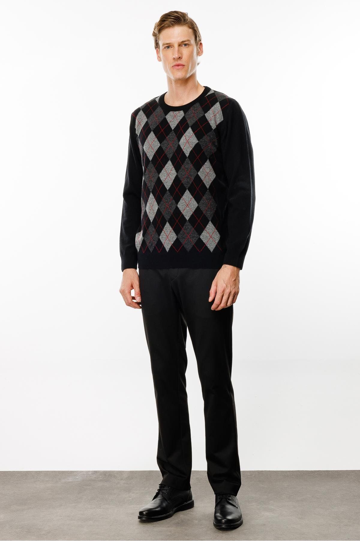 Desen Triko-Black Men's Sweater - Null Collar, Diamond Pattern 4