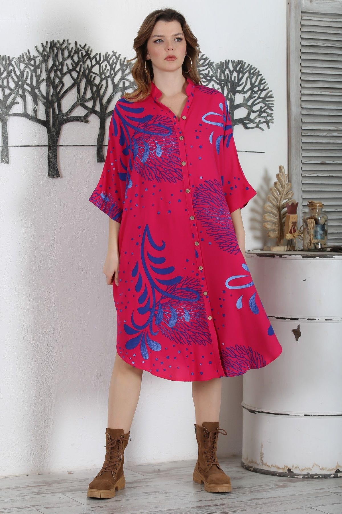 Chiccy-Fuchsia Prevailing Collar Oversize Woven Dress - 3/4 Sleeves and Hidden Pockets 121 87 3