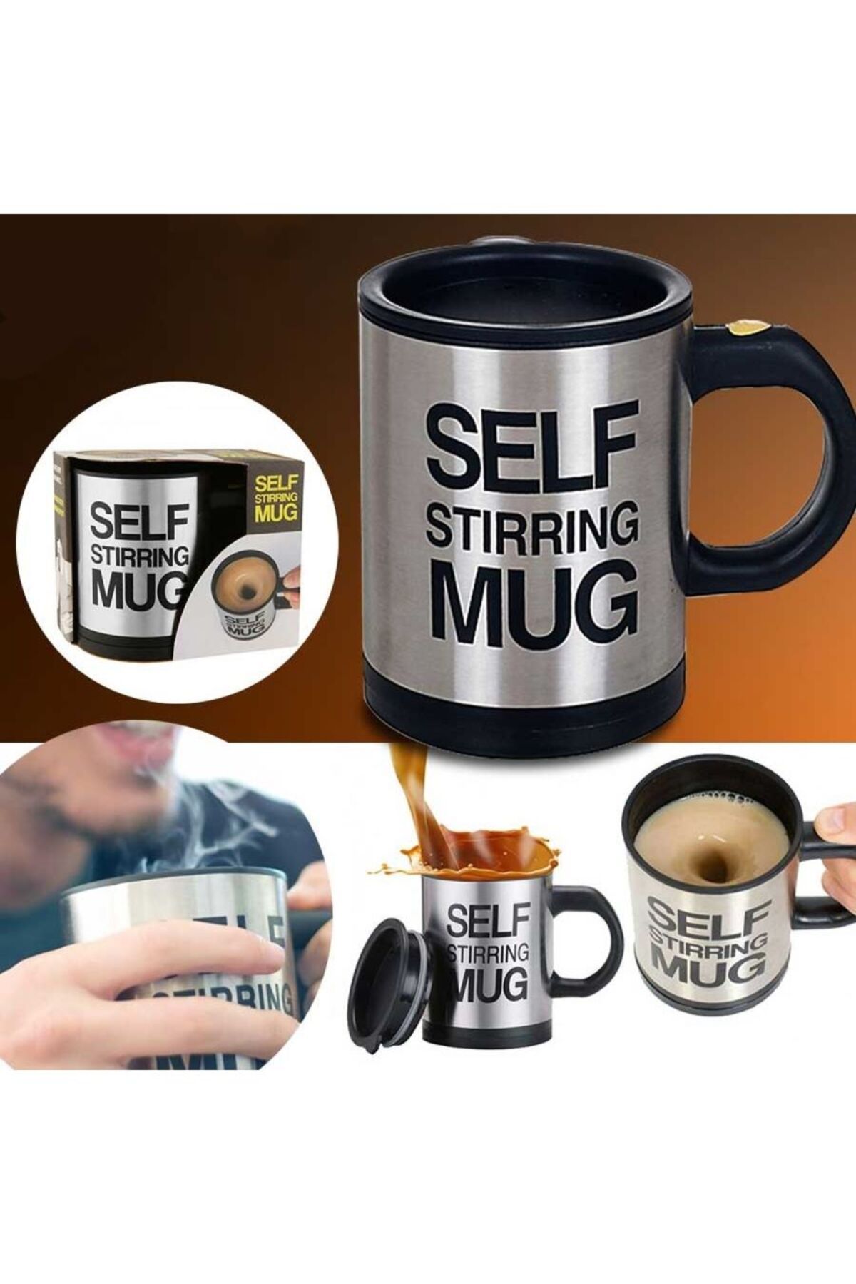 Genel Markalar Kendi Kendini Karıştıran Mikser Kupa Termos Bardak; Self Stirring Mug - Siyah