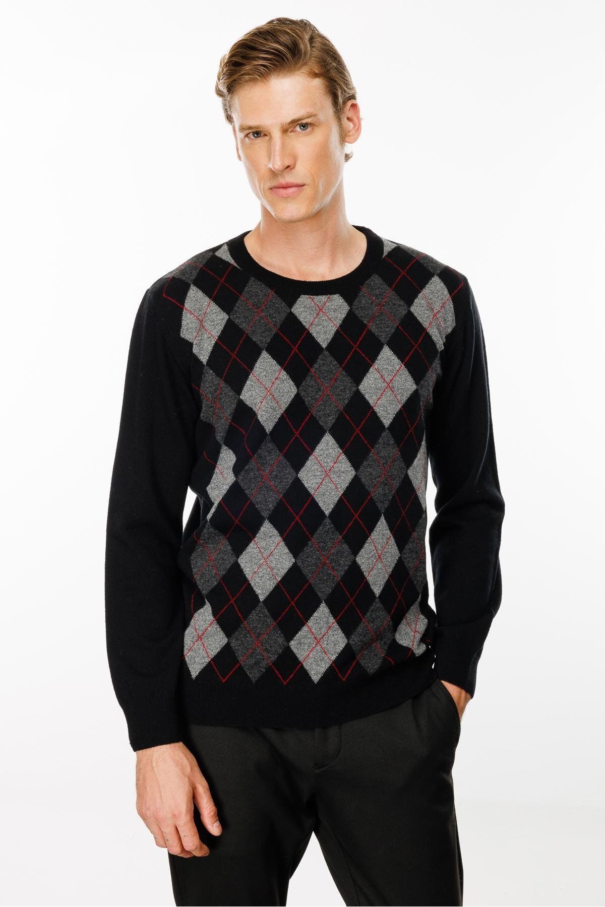 Desen Triko-Black Men's Sweater - Null Collar, Diamond Pattern 2