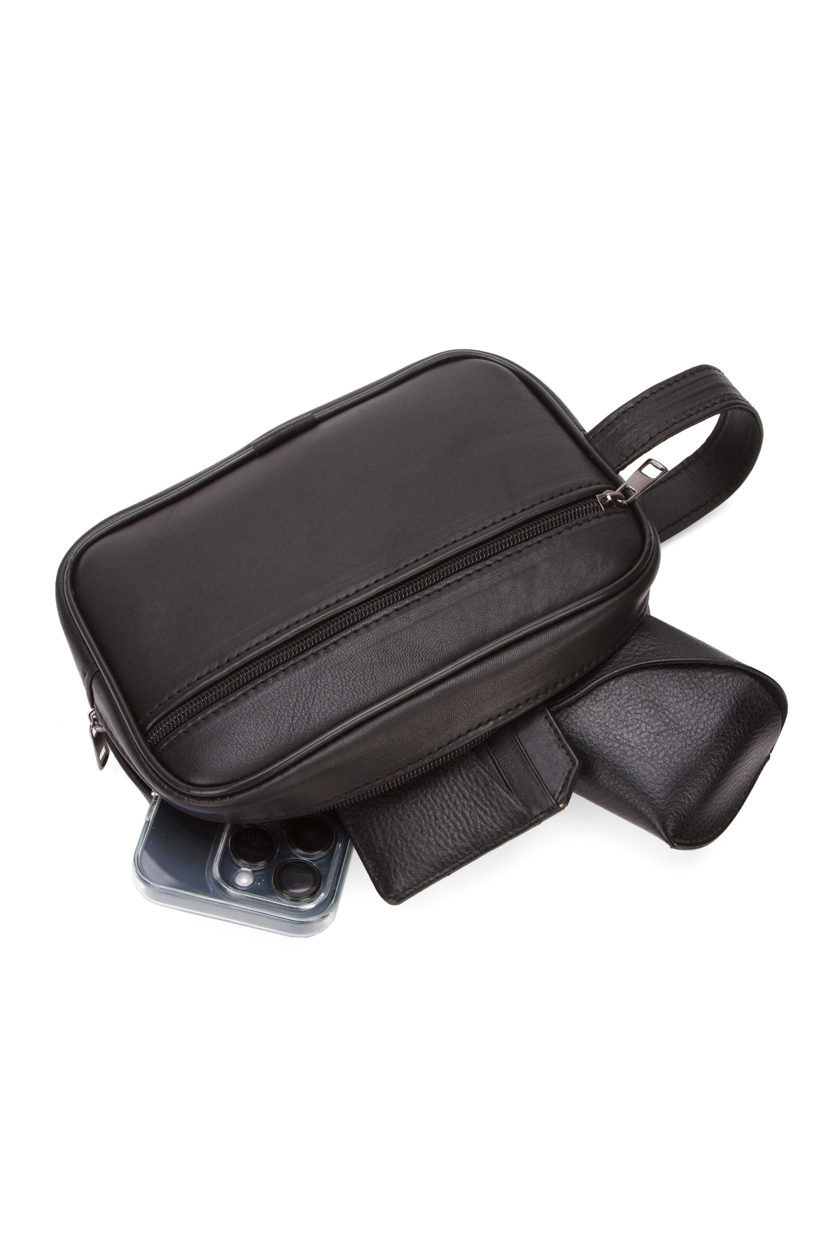 Adelina Bags Erkek Siyah Hakiki Deri Seyahat Kozmetik Portföy Clutch El Çanta görsel 5