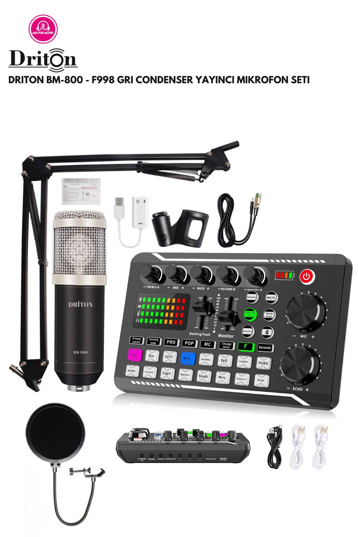 DRİTON BM-800 + F998 GRİ PODCAST TİKTOK YOUTUBE YAYINCI CONDENSER MİKROFON VE SES KART SET