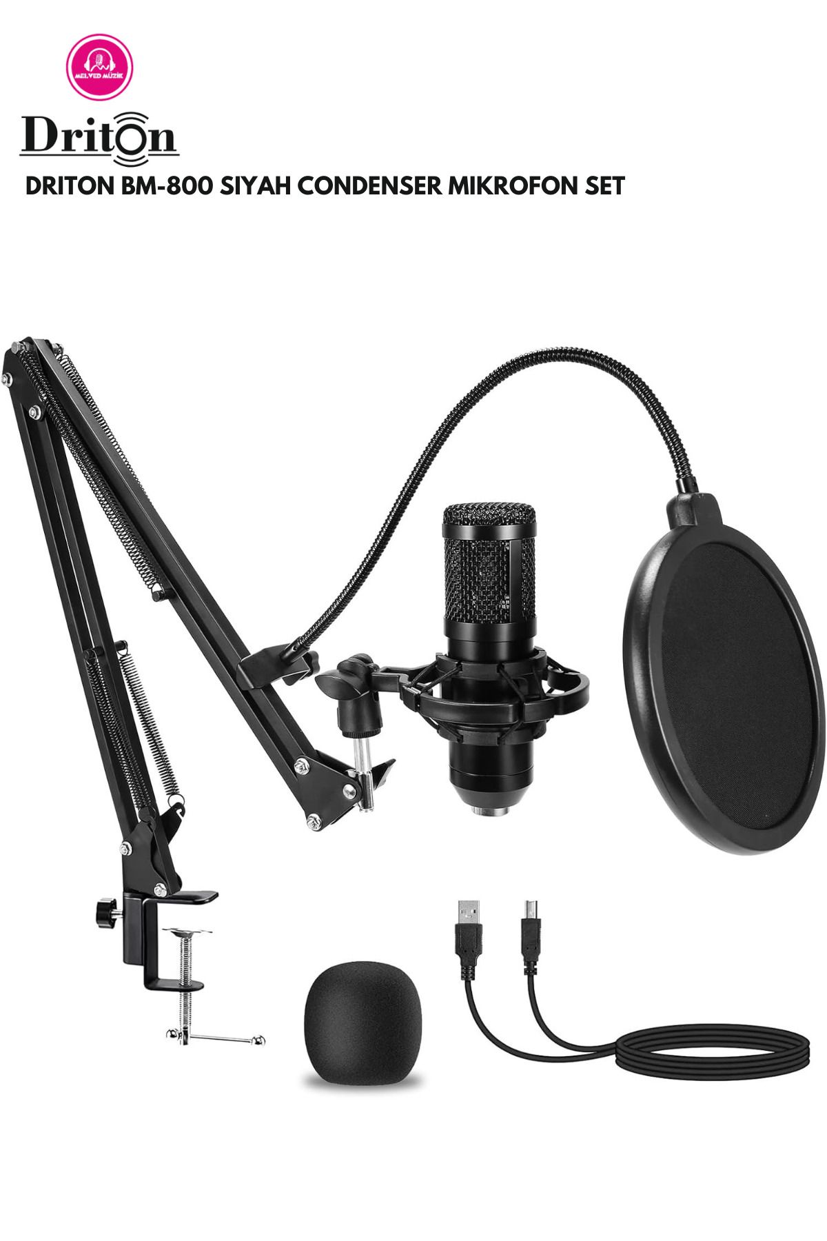 DRİTON Bm-800 Si̇yah Podcast Ti̇ktok Youtube Yayinci Condenser Mi̇krofon Seti̇