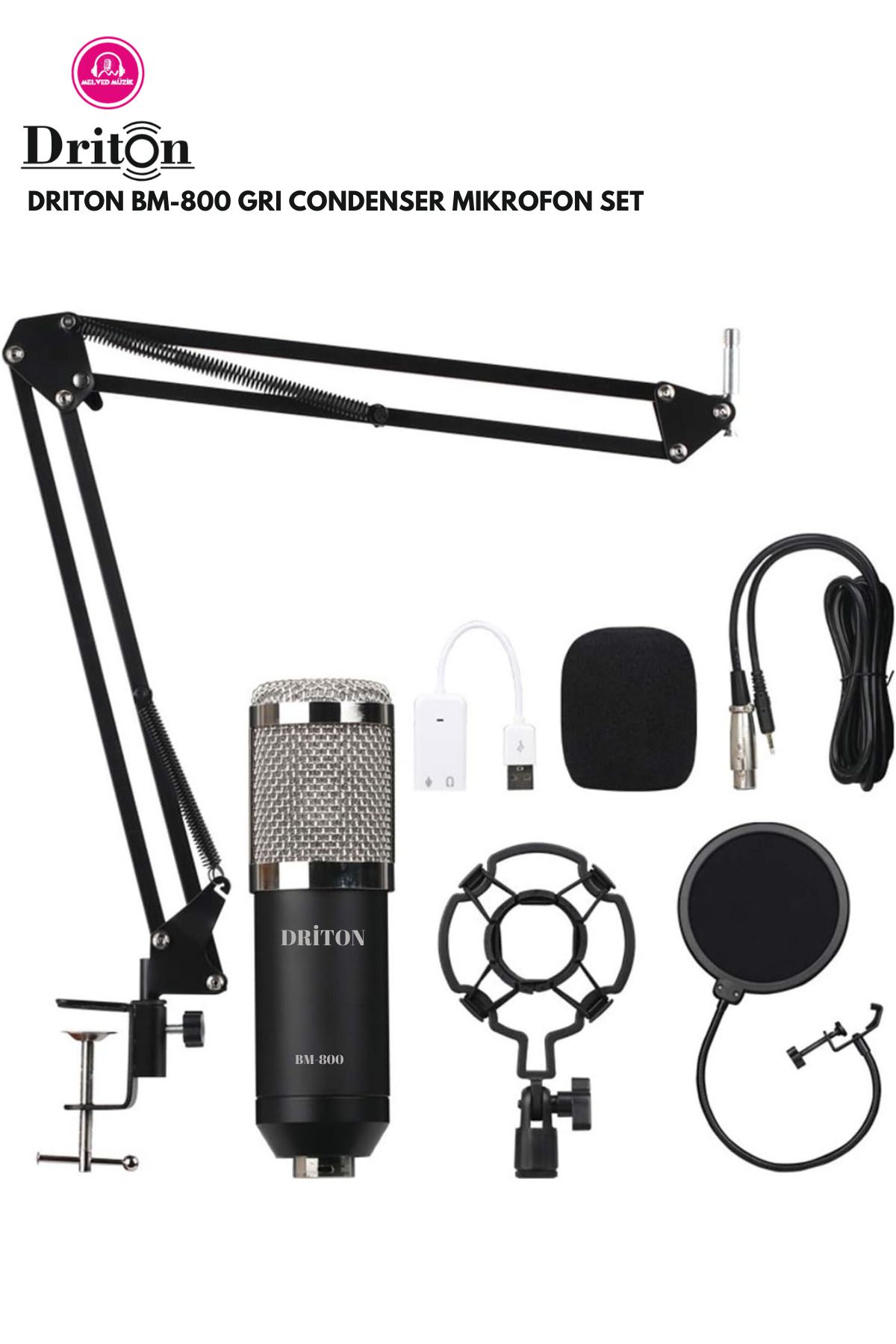 DRİTON Dri̇ton Bm-800 Gri̇ Podcast Ti̇ktok Youtube Yayinci Condenser Mi̇krofon Seti̇