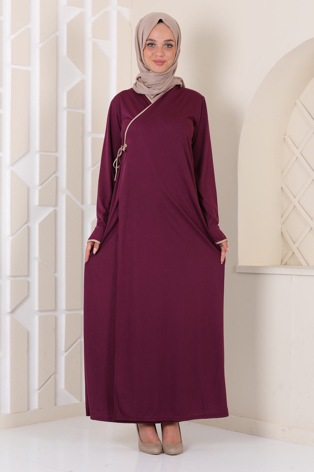 Bemol Pratik Rahat Yandan Bağlamalı Namaz Elbisesi Mürdüm