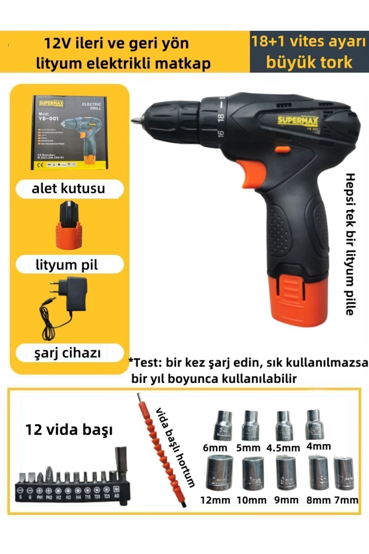 woodhub 12v 1.5 Ah Metal Şanzıman Tek Akülü Şarjlı Matkap 22 Parça Akülü Vidalama Set Elektrikli Matkap