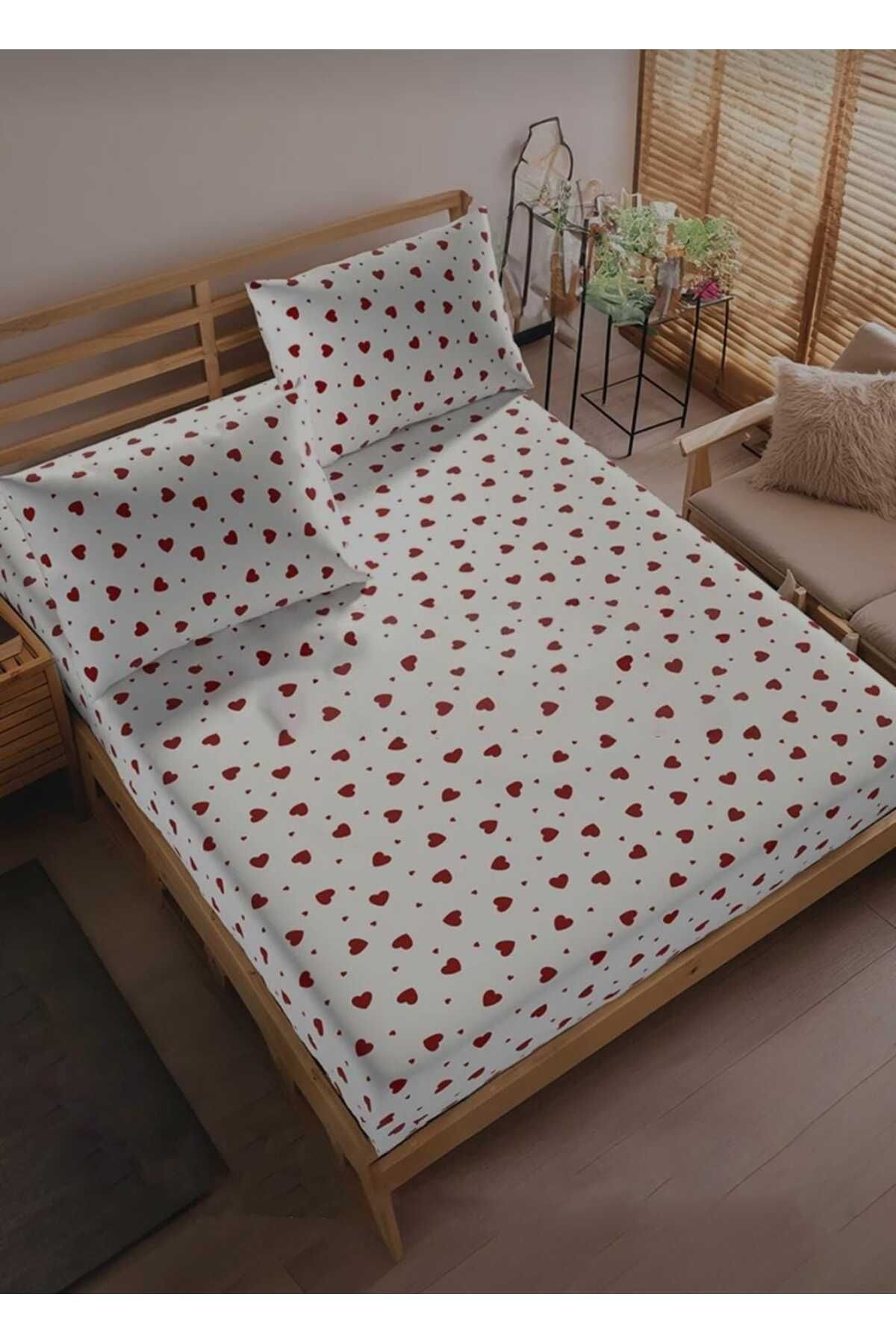 MORRİVAL-Mini Heart Patterned Elastic Sheets Set, Single/Dopple/Battal Size 1