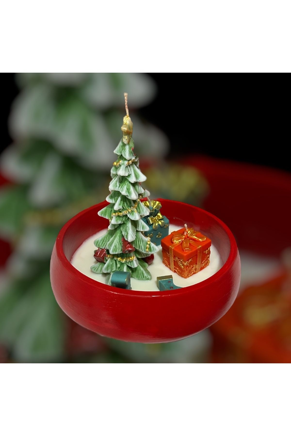 Elioure Kırmızı Seramik Saksı ve Noel Ağacı Mumluk Dekoratif Seti