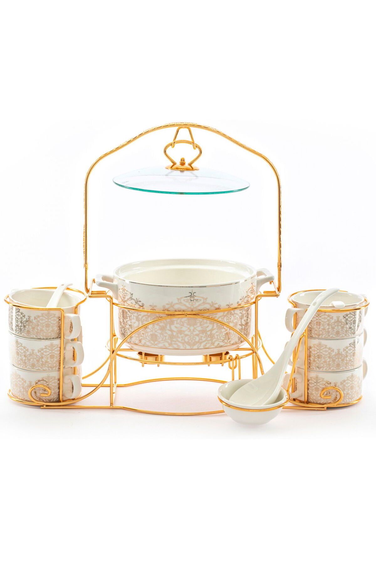 Alsaif Gallery-A golden square pattern porcelain soup set with a golden stand, 18 pieces 5