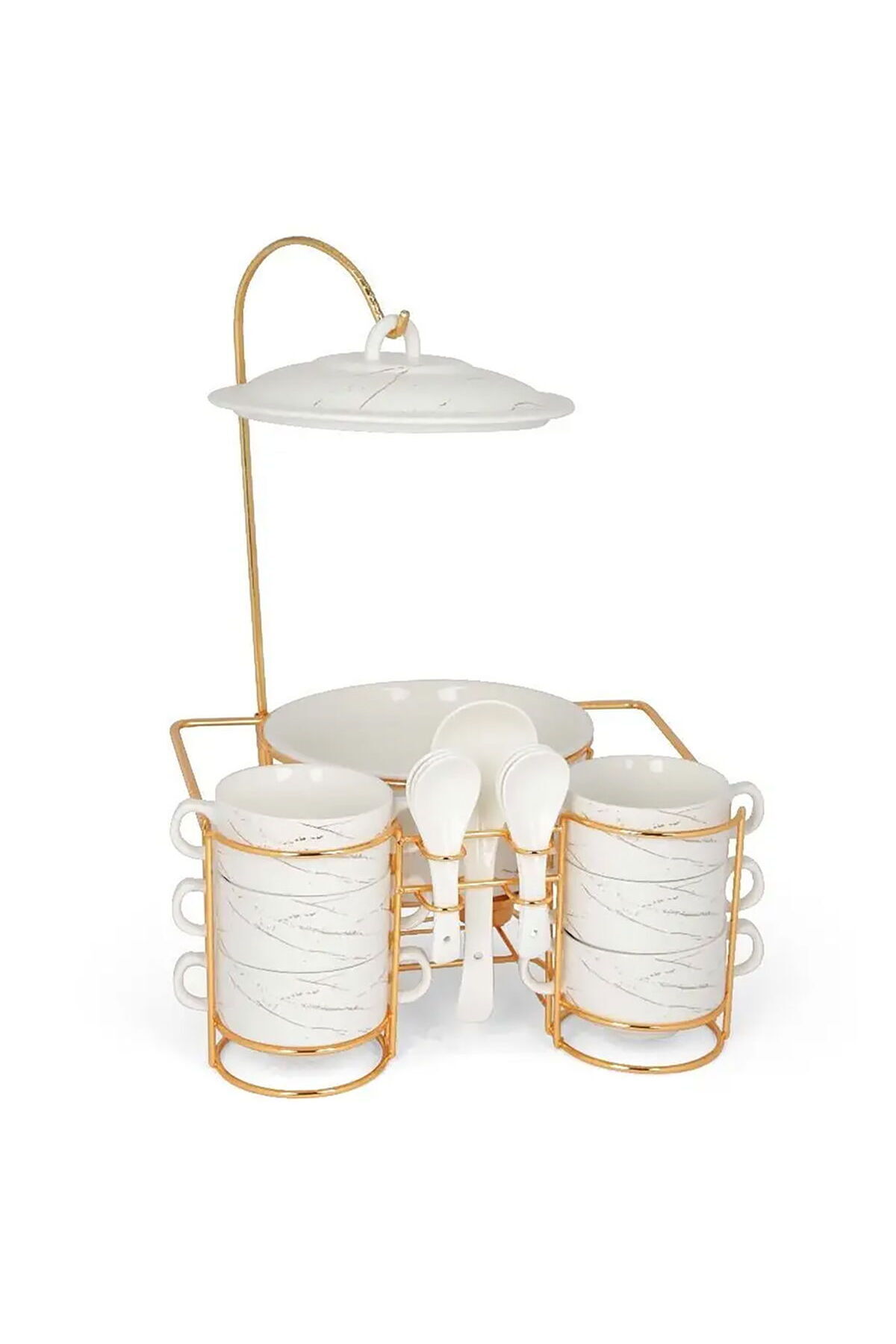 Alsaif Gallery-One More White marble porcelain soup set with golden stand, 15 pieces 1