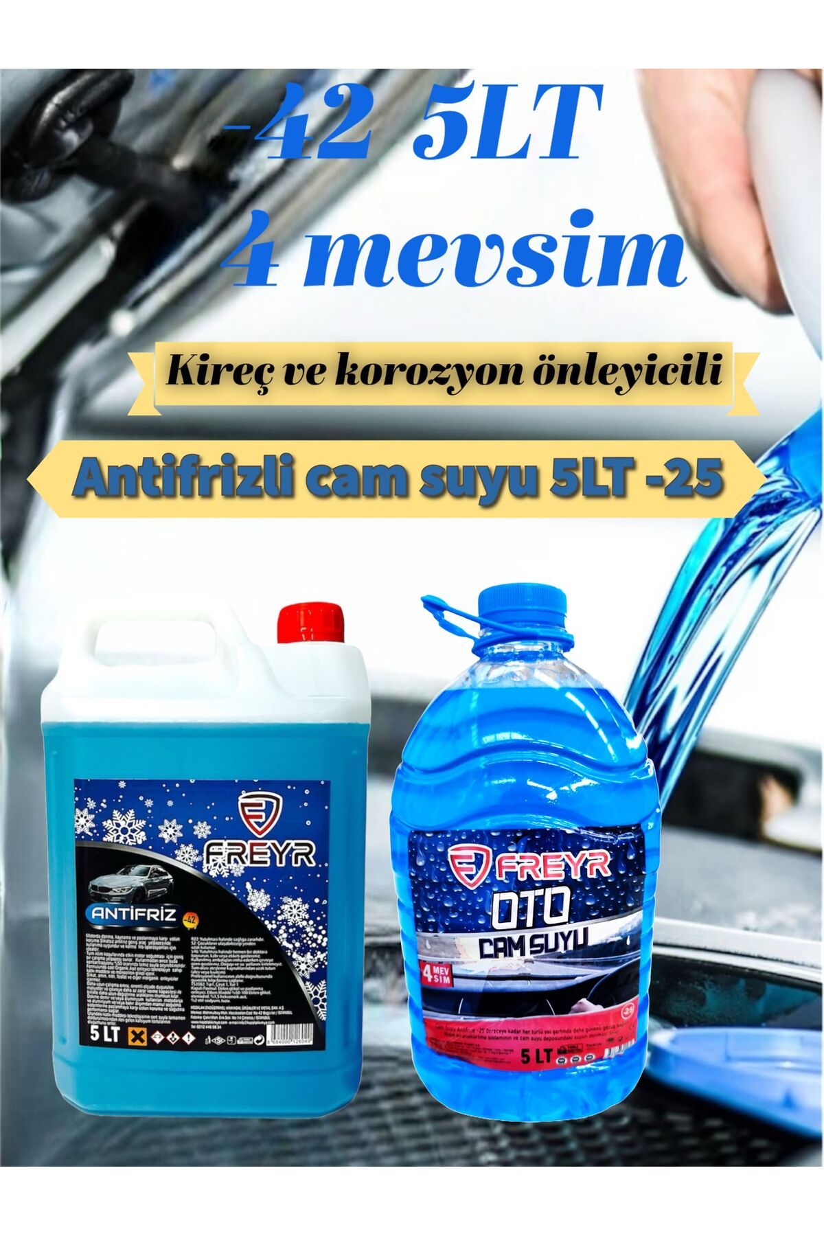 FREYR 4Mevsim Mavi Antifriz -42C° 5LT-4Mevsim Antifrizli Oto Cam Suyu -25C° 5LT