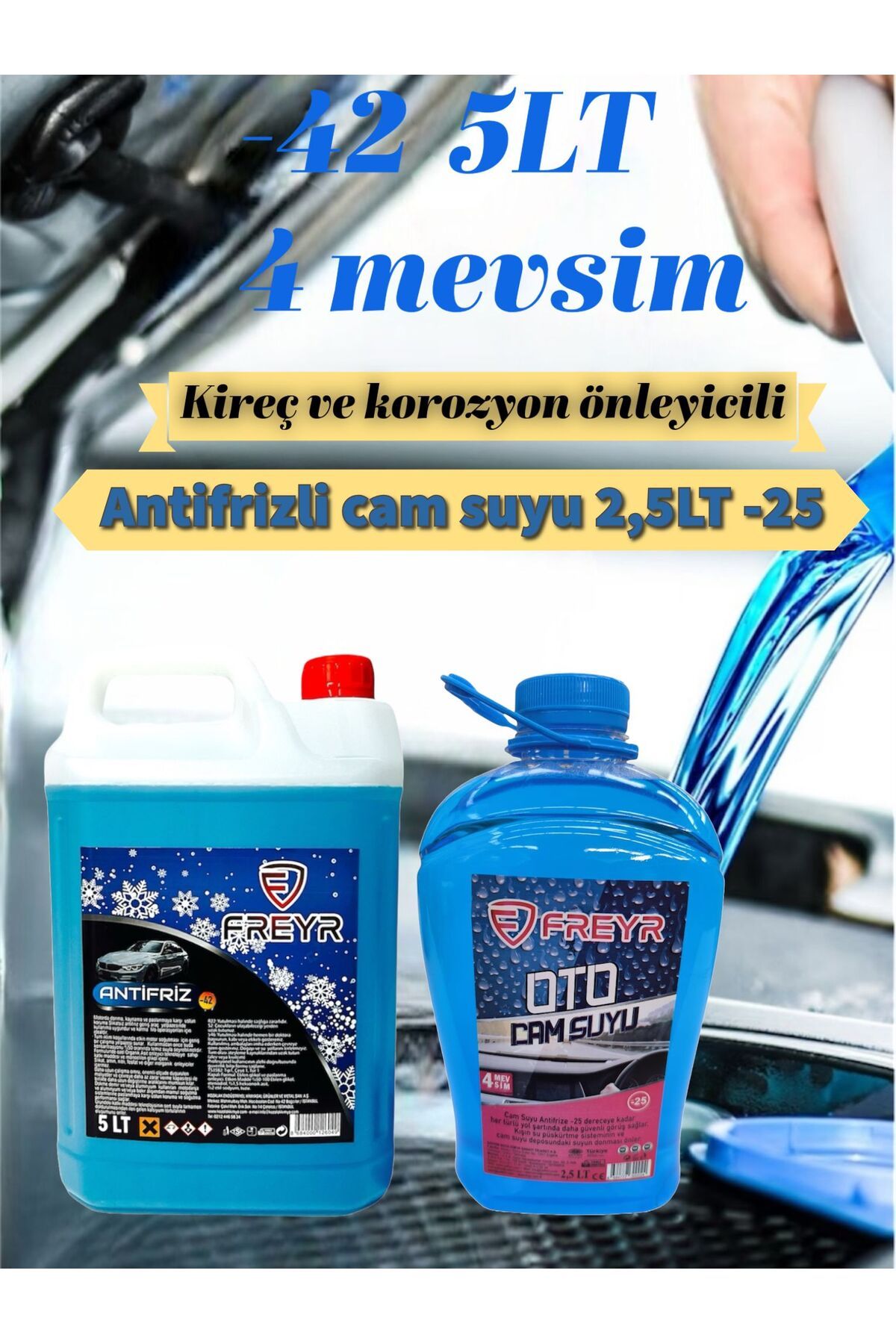 FREYR 4Mevsim Mavi Antifriz -42C° 5LT-4Mevsim Antifrizli Oto Cam Suyu -25C° 2,5LT